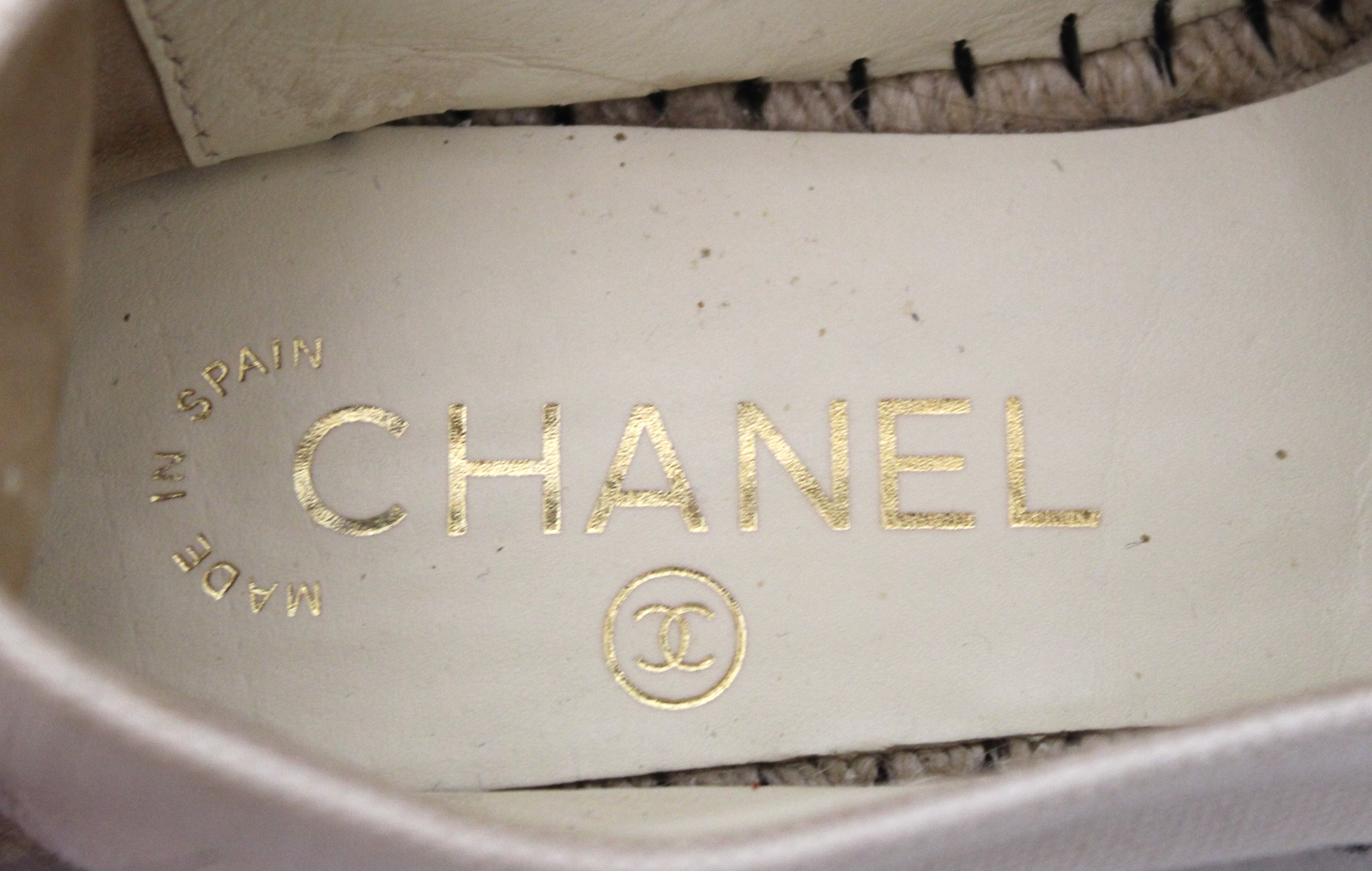 Authentic Chanel Beige/Black Canvas Stitched Espadrilles Shoes Size 35