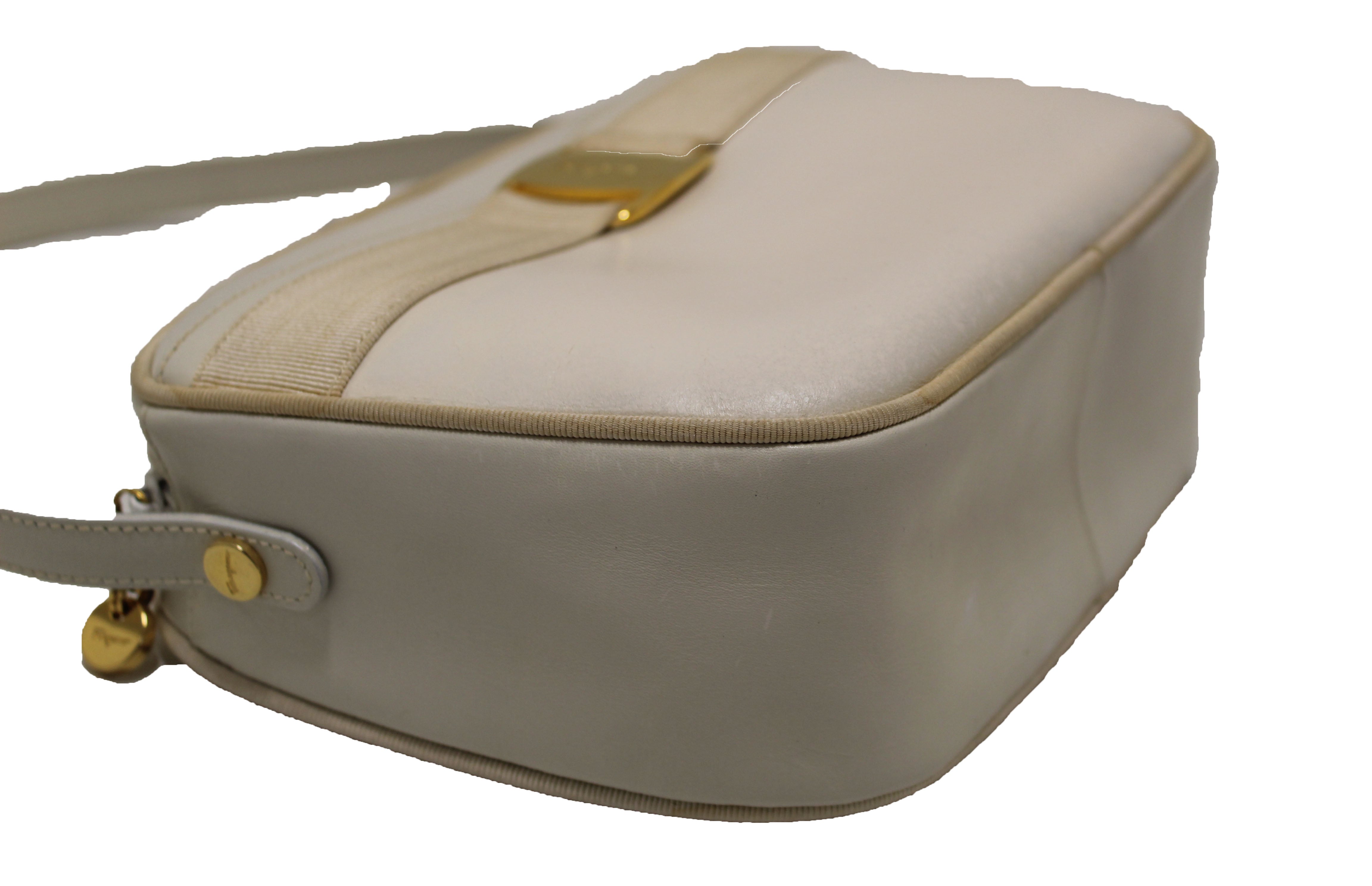 Authentic Salvatore Ferragamo White Cowhide Leather Crossbody Handbag
