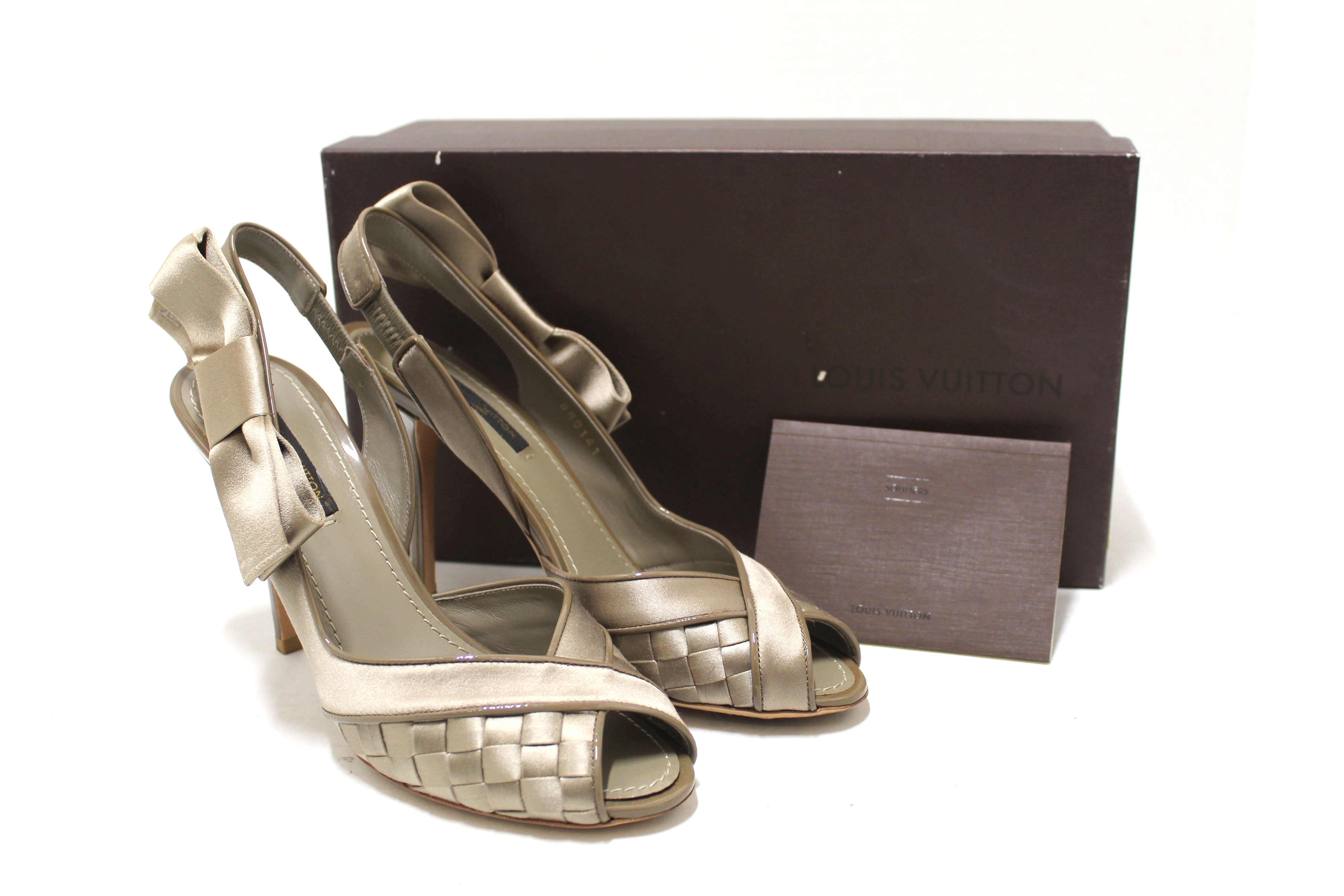 Authentic Louis Vuitton Taupe Satin Bow Woven Open Toe Pump Shoes Size 37.5