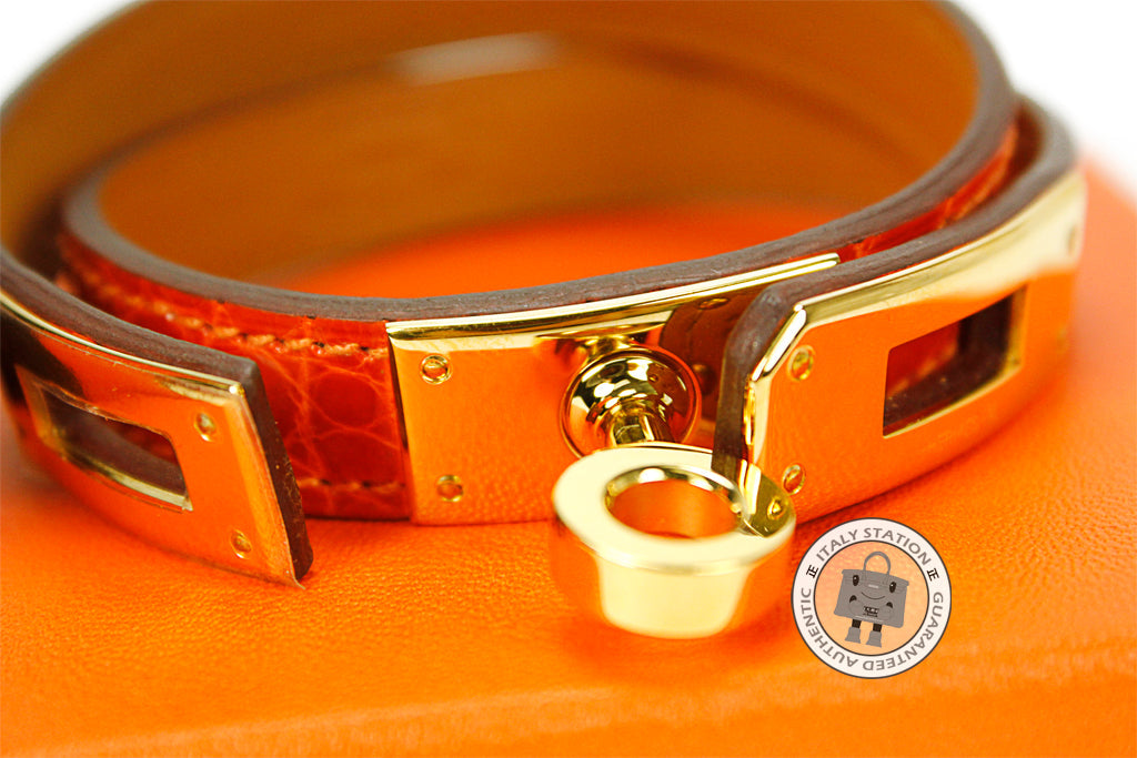 HERMES Hermes Kelly Double Tour Orange Shiny Crocodile Small Bracelet  | Italystation.com - Shop Now at italystation.com