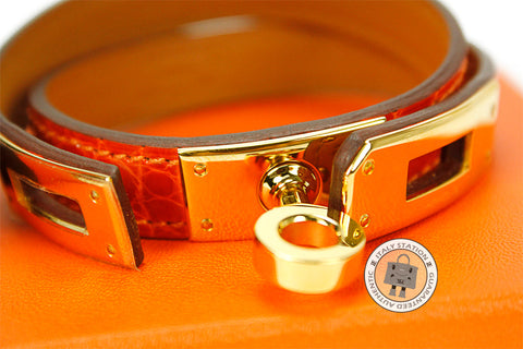 Hermes Kelly Double Tour Orange Shiny Crocodile Small Bracelet Ghw