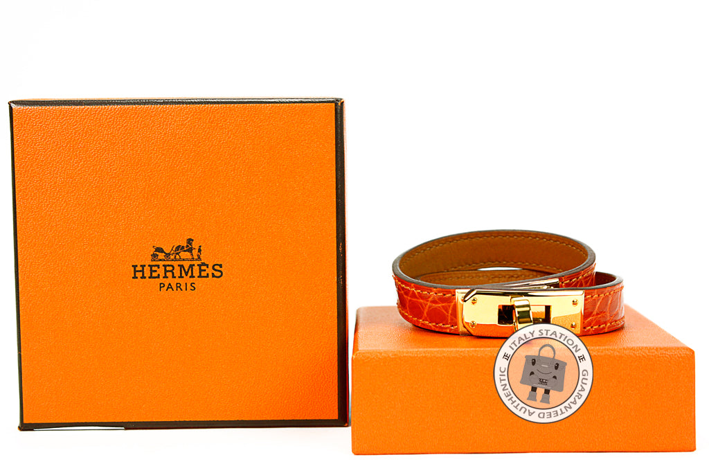 HERMES Hermes Kelly Double Tour Orange Shiny Crocodile Small Bracelet  | Italystation.com - Shop Now at italystation.com