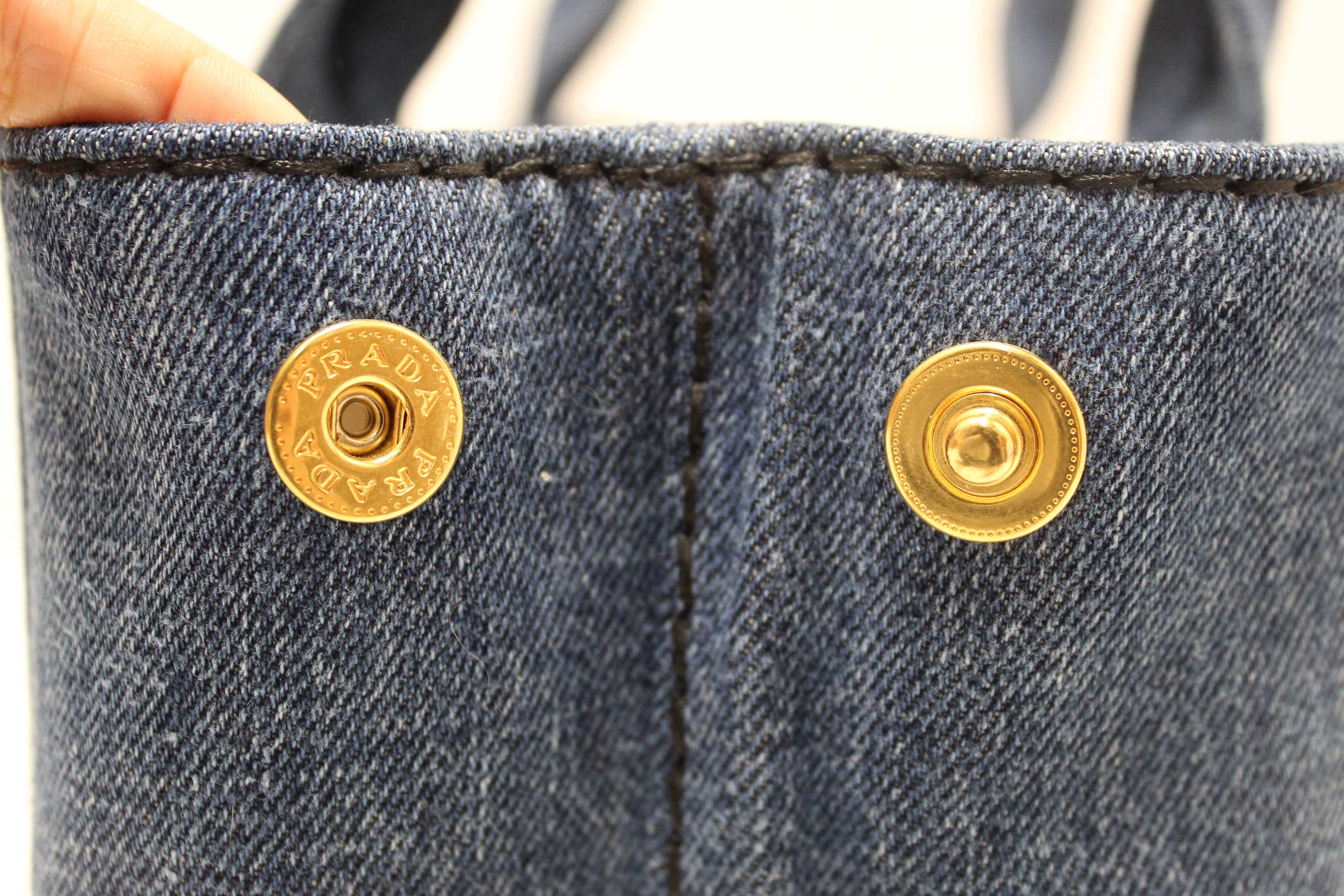 Authentic Prada Blue Denim Small Canapa Canvas Tote Bag With Long Strap