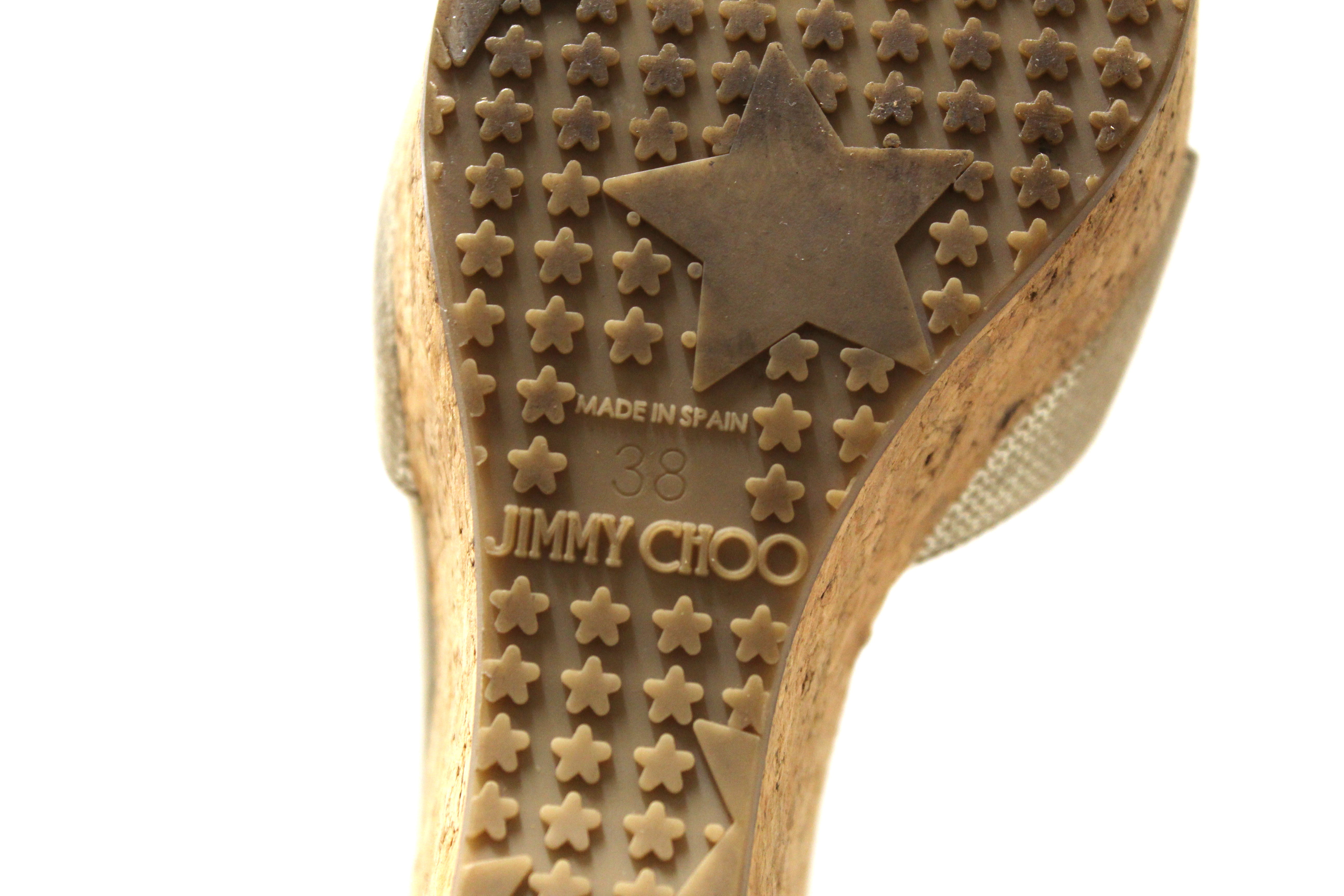Jimmy Choo Gold Leather and Cork Wedge Platform Heel Shoes Size 38