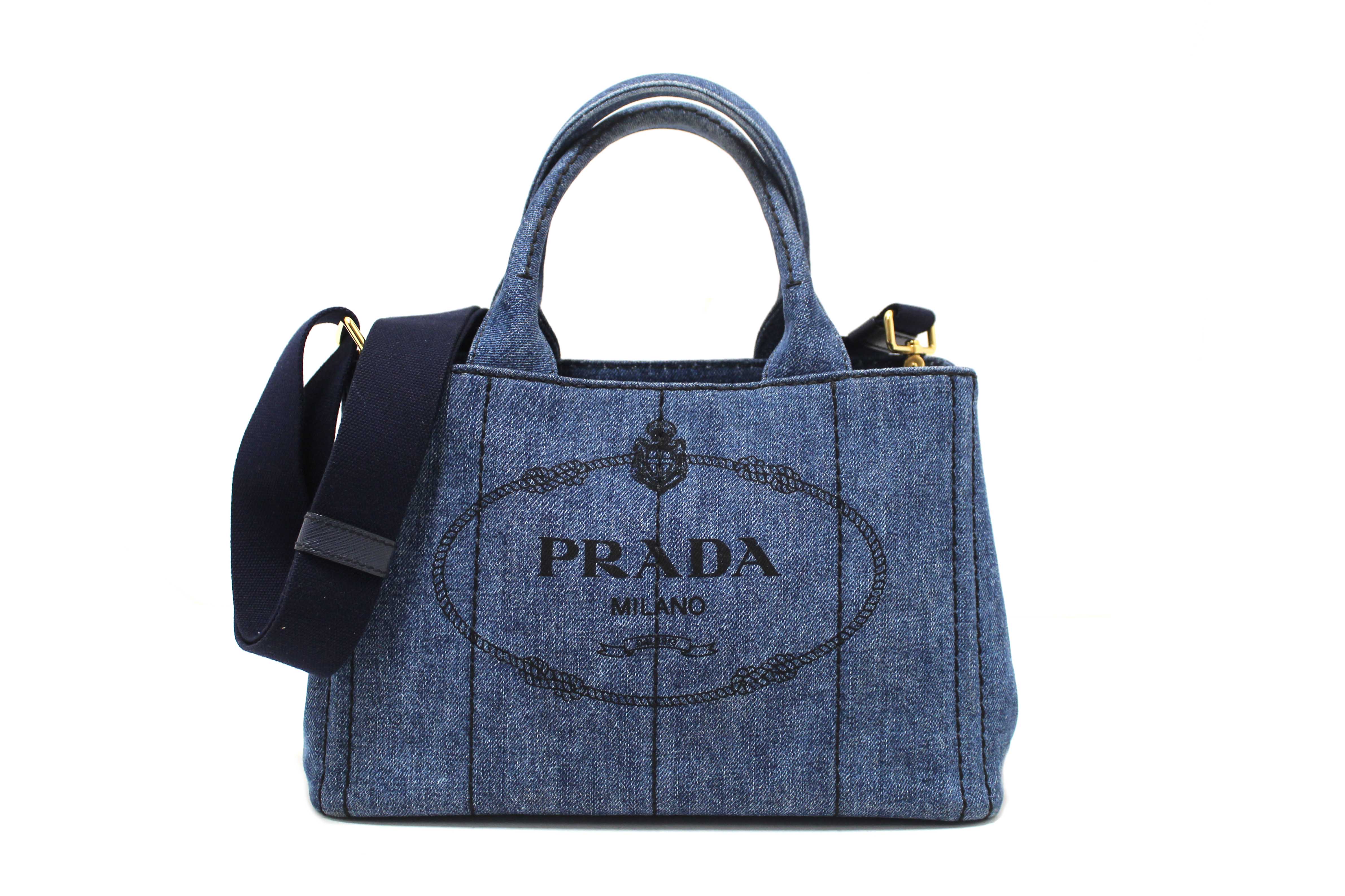 Authentic Prada Blue Denim Small Canapa Canvas Tote Bag With Long Strap