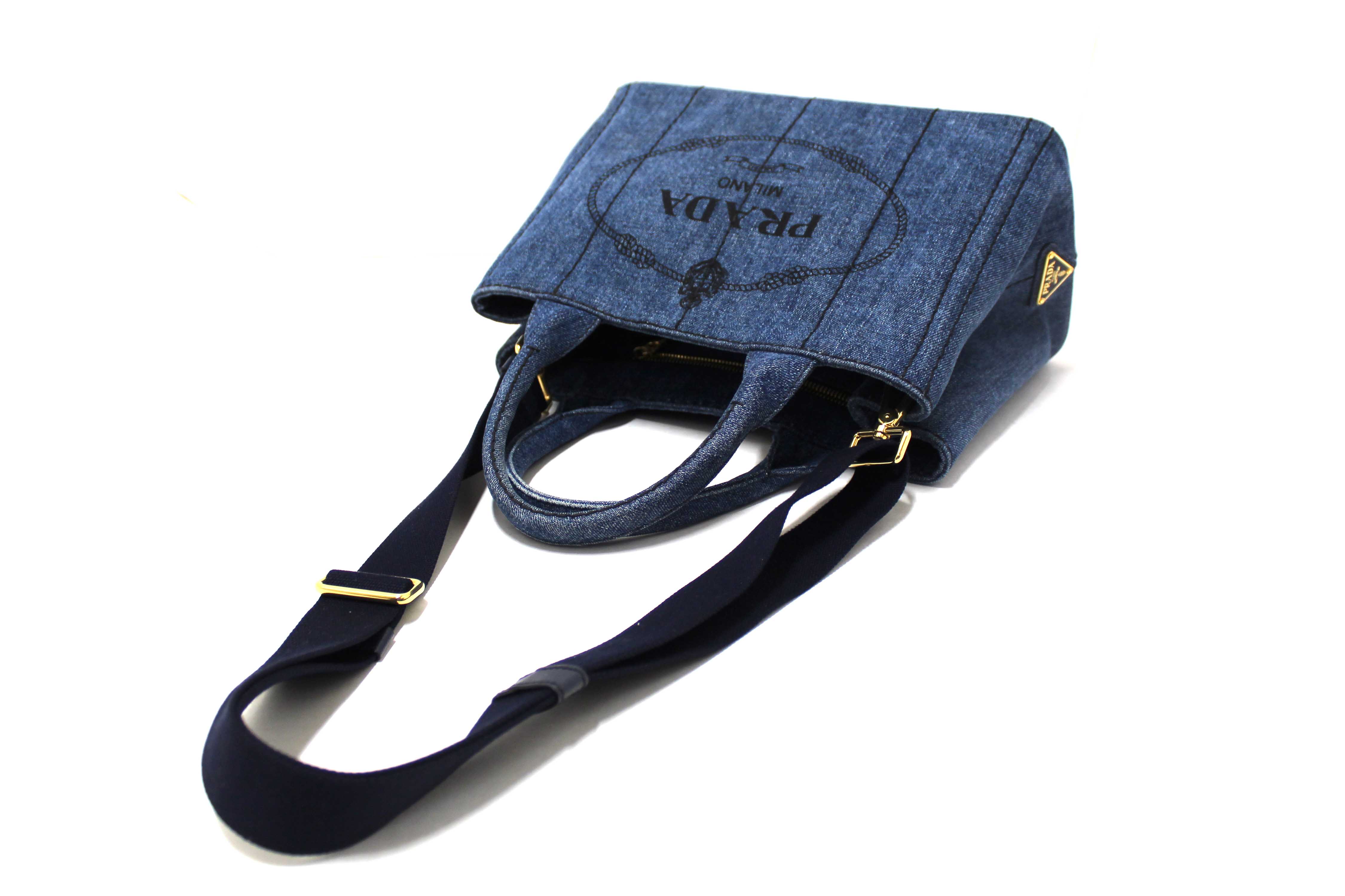 Authentic Prada Blue Denim Small Canapa Canvas Tote Bag With Long Strap