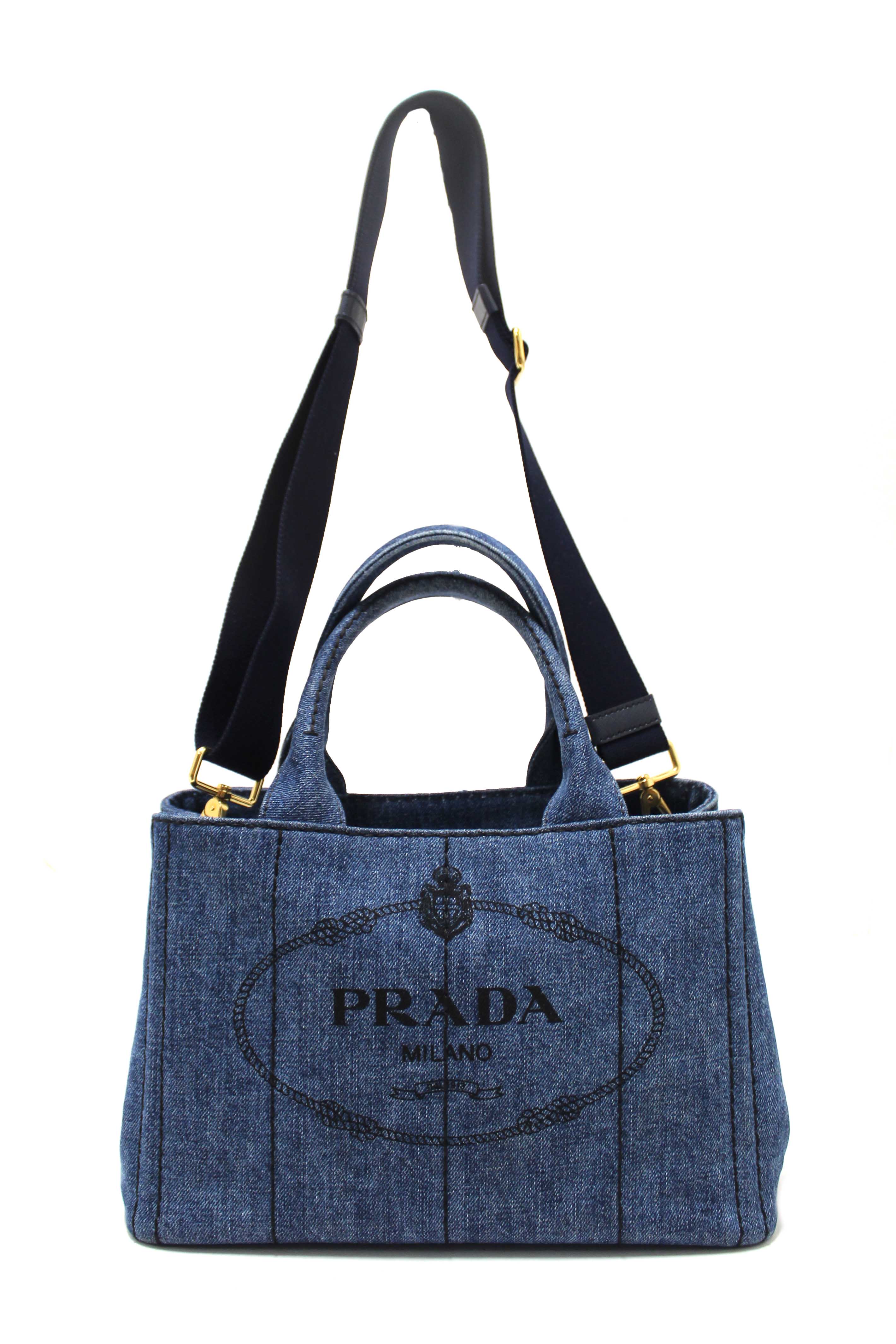 Authentic Prada Blue Denim Small Canapa Canvas Tote Bag With Long Strap