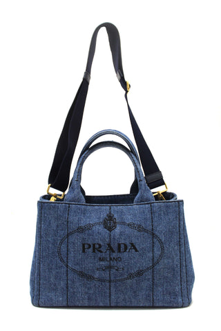 Authentic Prada Blue Denim Small Canapa Canvas Tote Bag With Long Strap