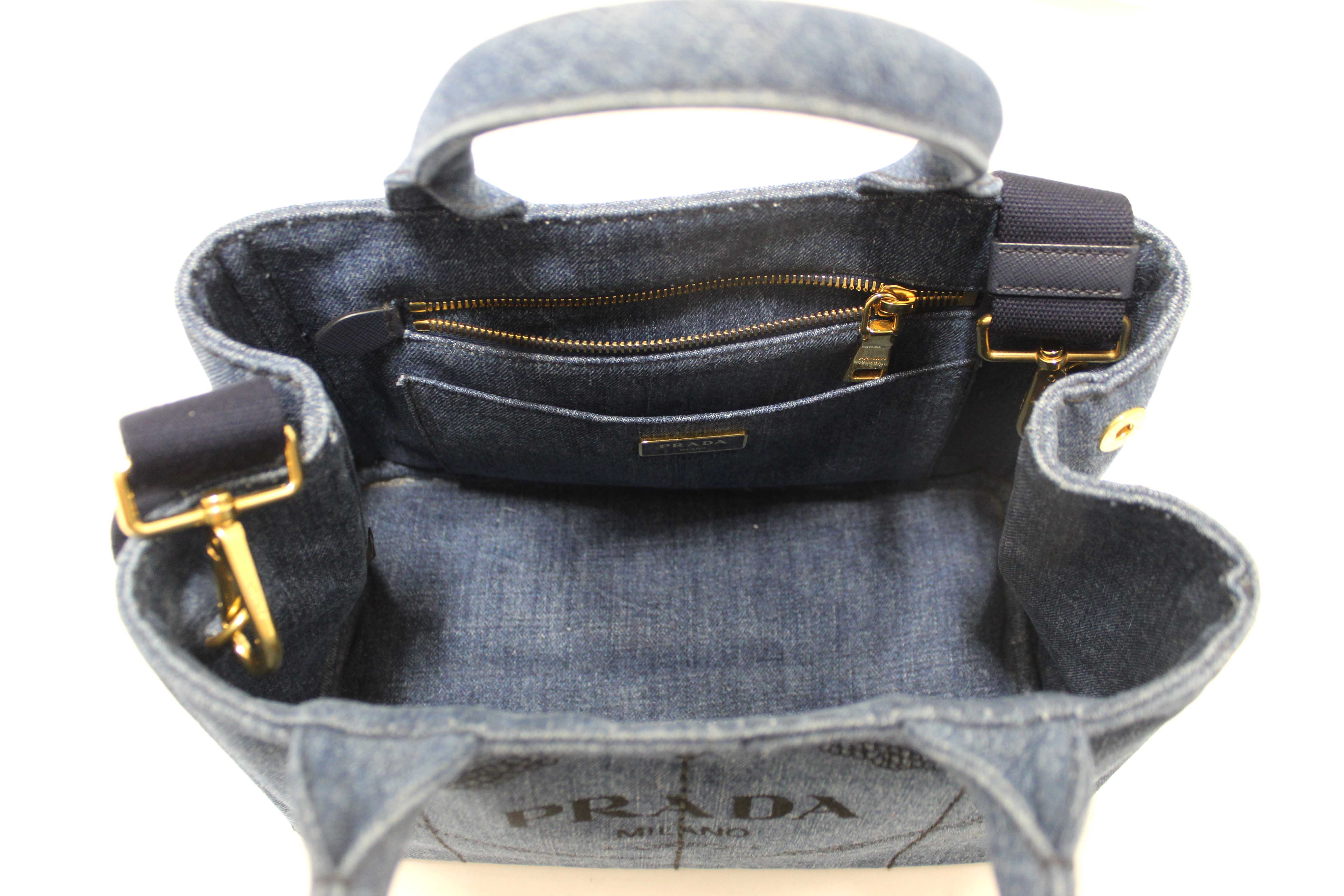 Authentic Prada Blue Denim Small Canapa Canvas Tote Bag With Long Strap