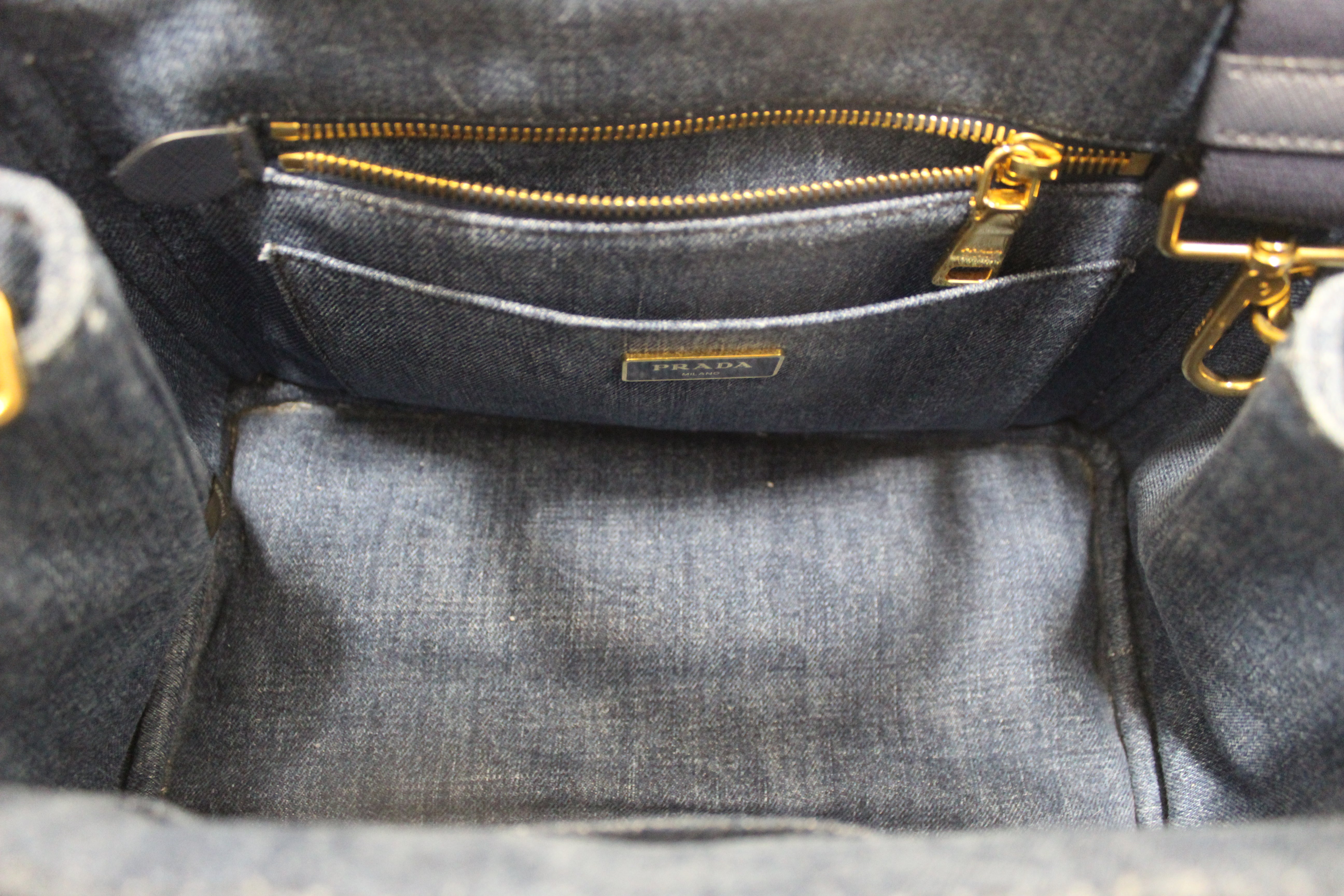 Authentic Prada Blue Denim Small Canapa Canvas Tote Bag With Long Strap