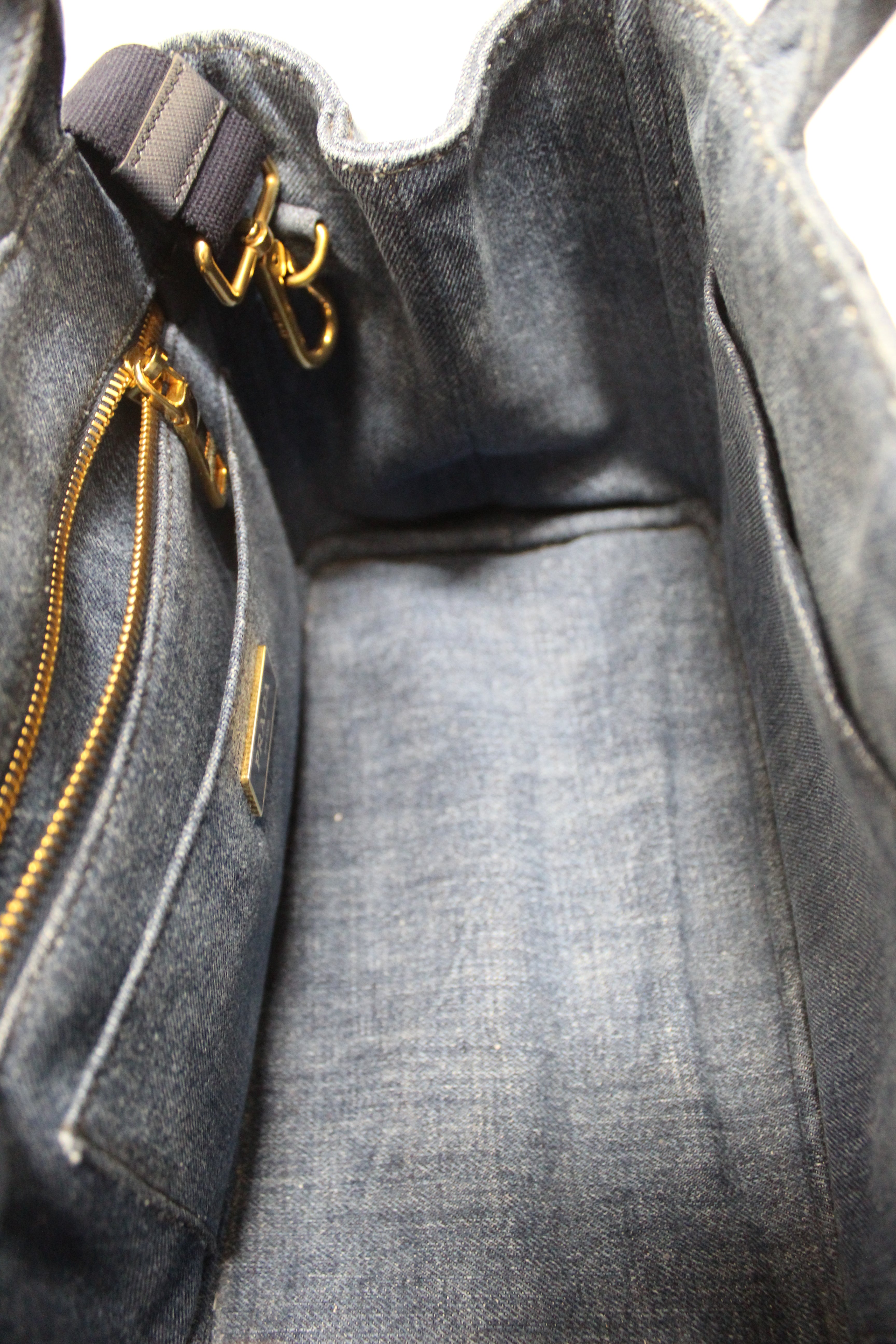 Authentic Prada Blue Denim Small Canapa Canvas Tote Bag With Long Strap