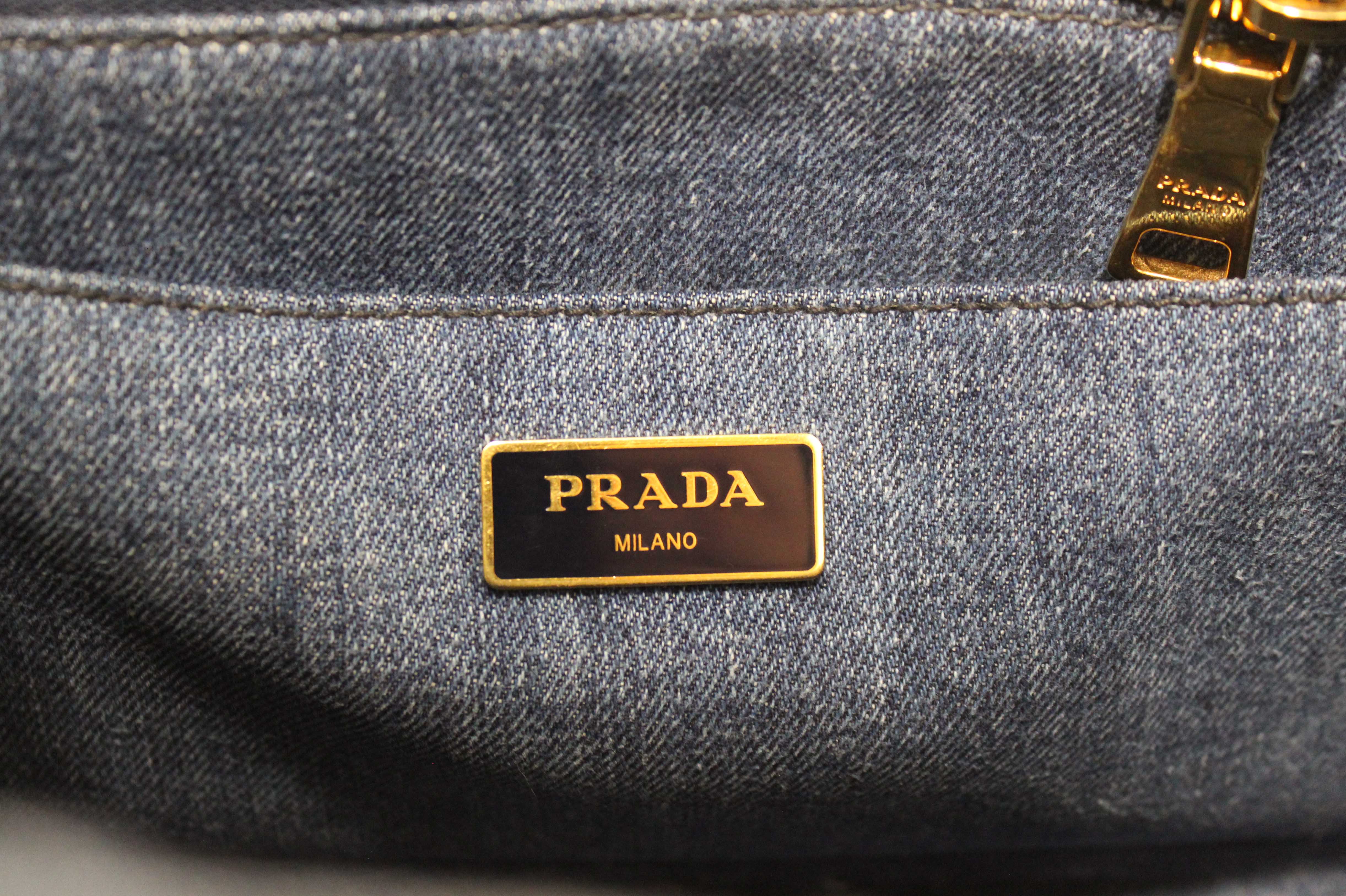 Authentic Prada Blue Denim Small Canapa Canvas Tote Bag With Long Strap