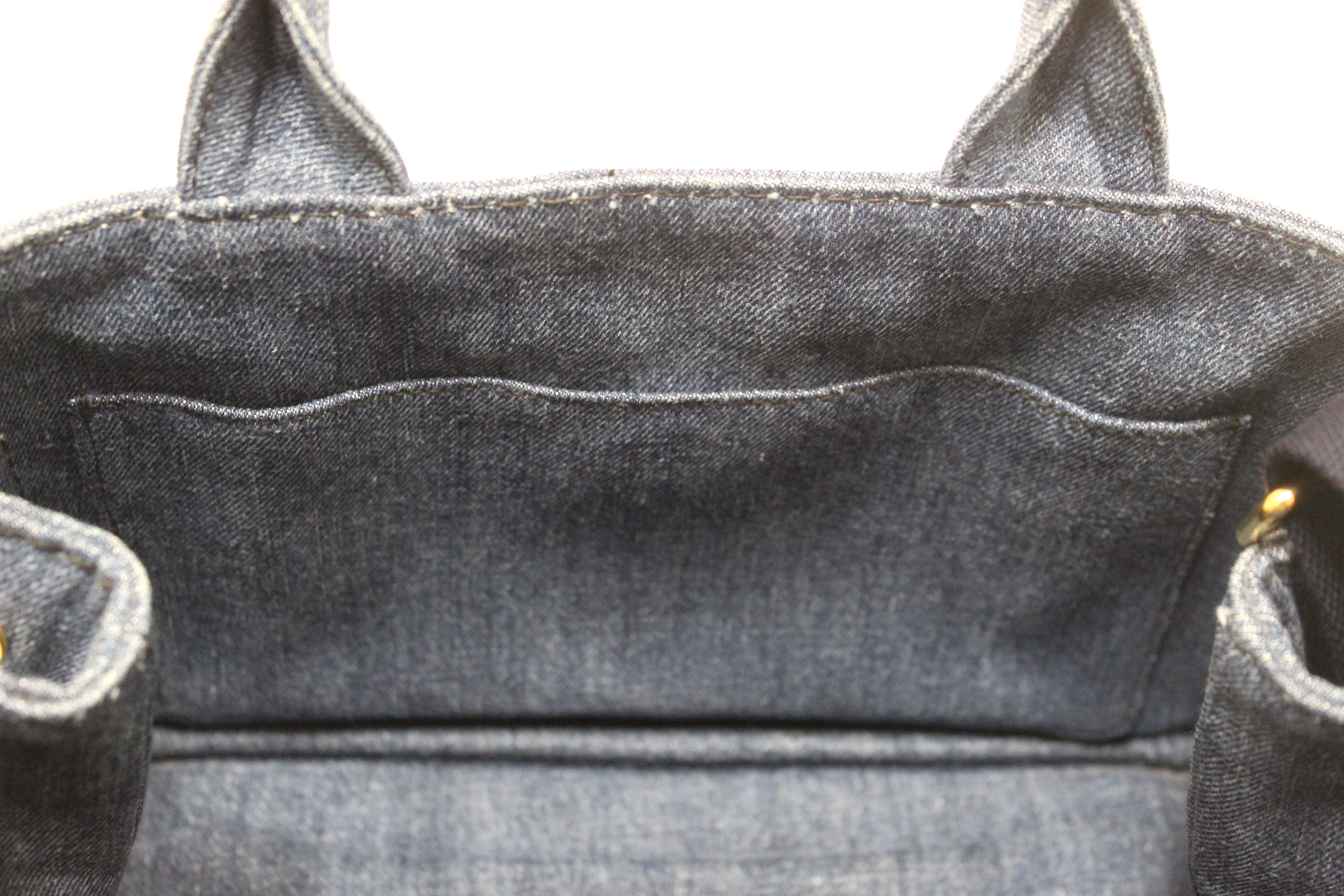 Authentic Prada Blue Denim Small Canapa Canvas Tote Bag With Long Strap