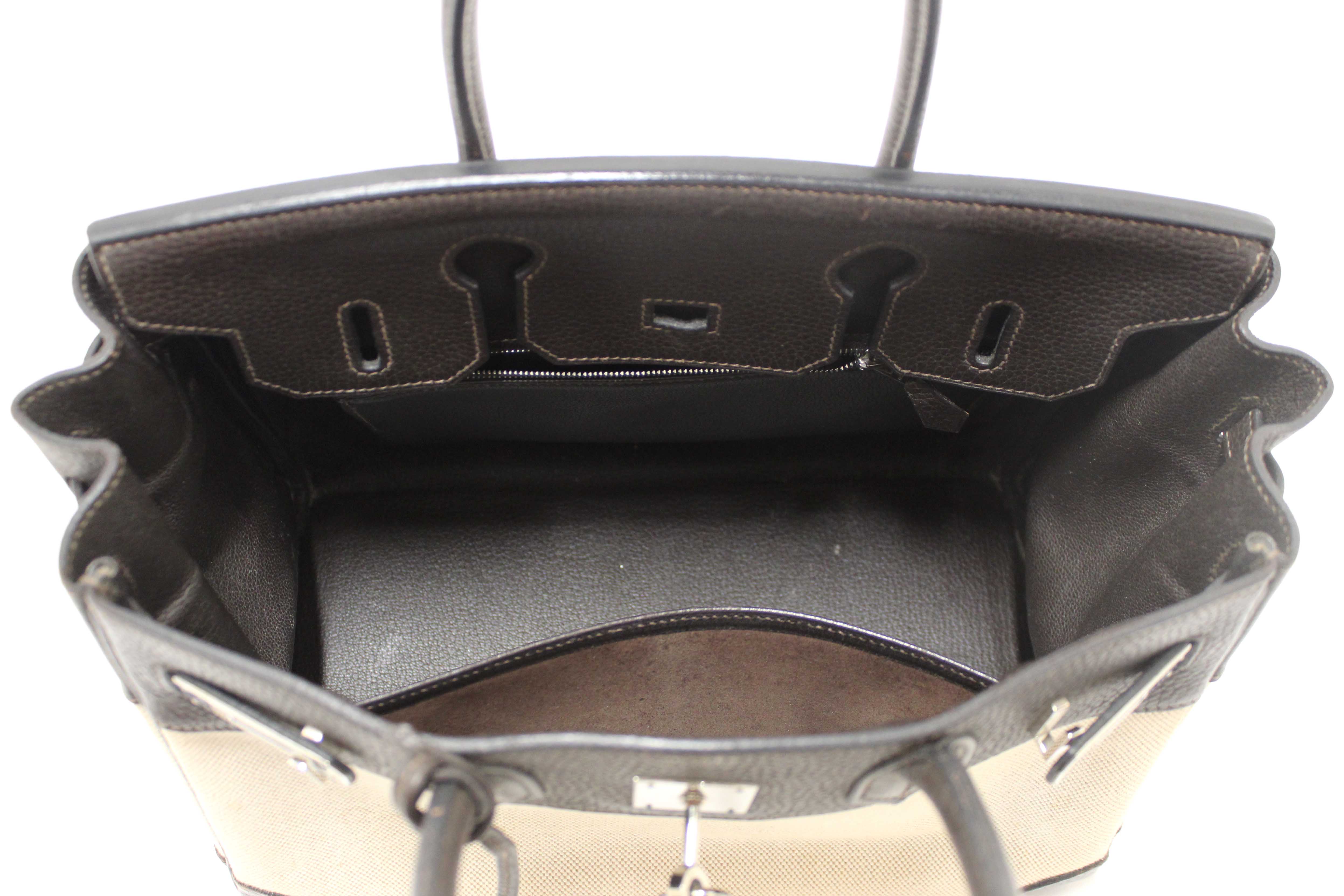 Authentic Hermes Brown Togo Leather and Toile Canvas Birkin 30 Bag