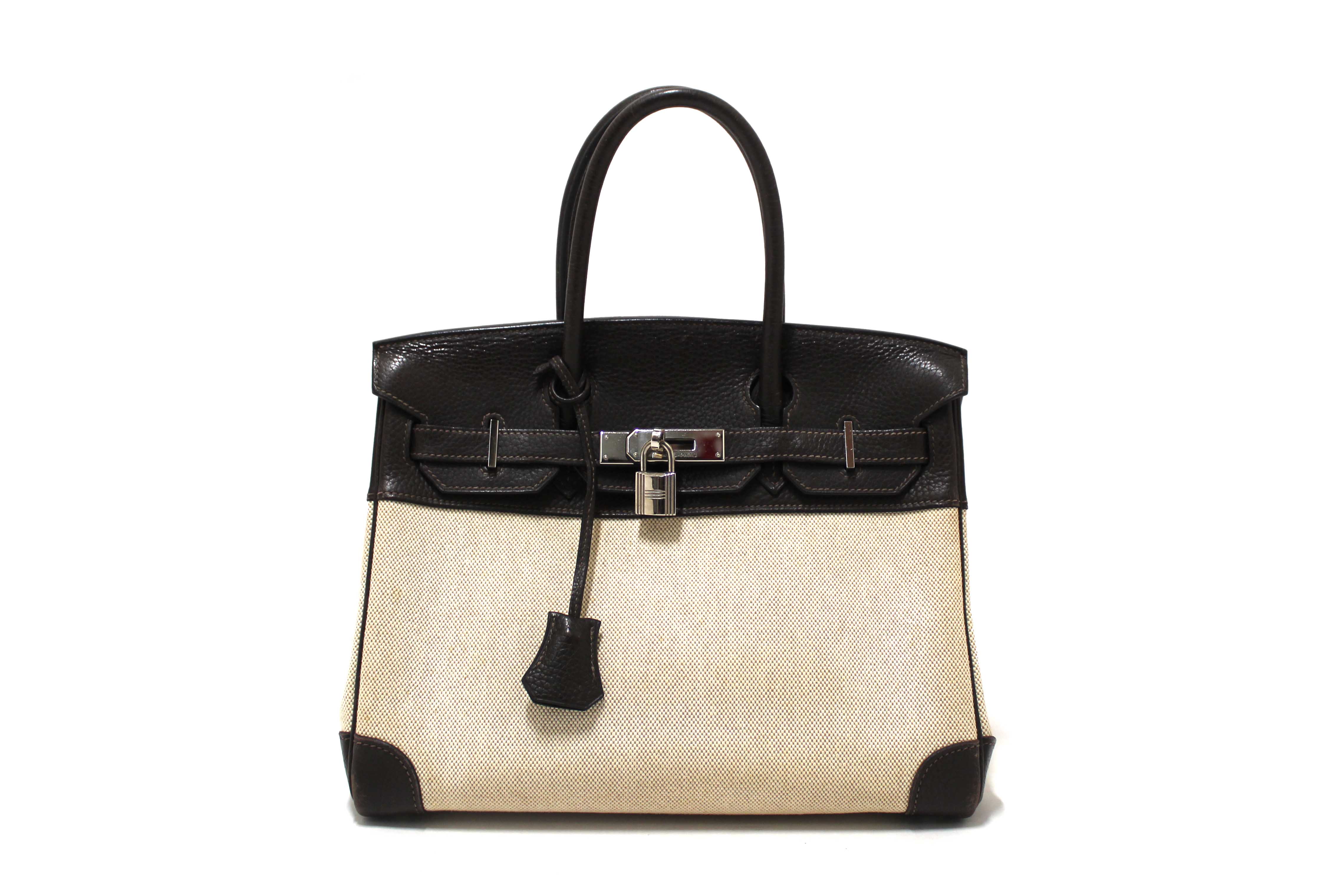 Authentic Hermes Brown Togo Leather and Toile Canvas Birkin 30 Bag