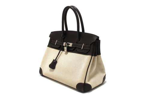 Authentic Hermes Brown Togo Leather and Toile Canvas Birkin 30 Bag
