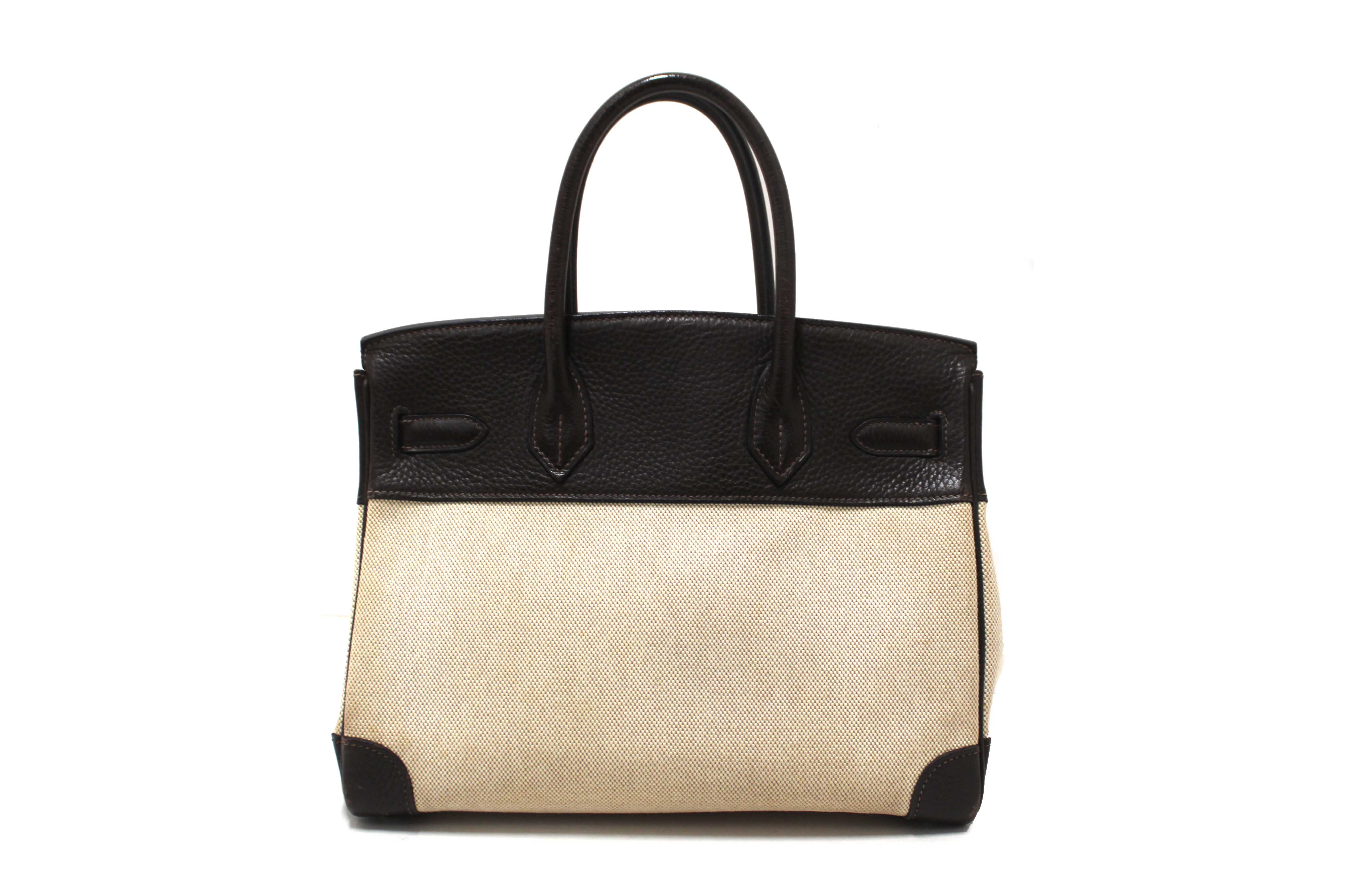 Authentic Hermes Brown Togo Leather and Toile Canvas Birkin 30 Bag