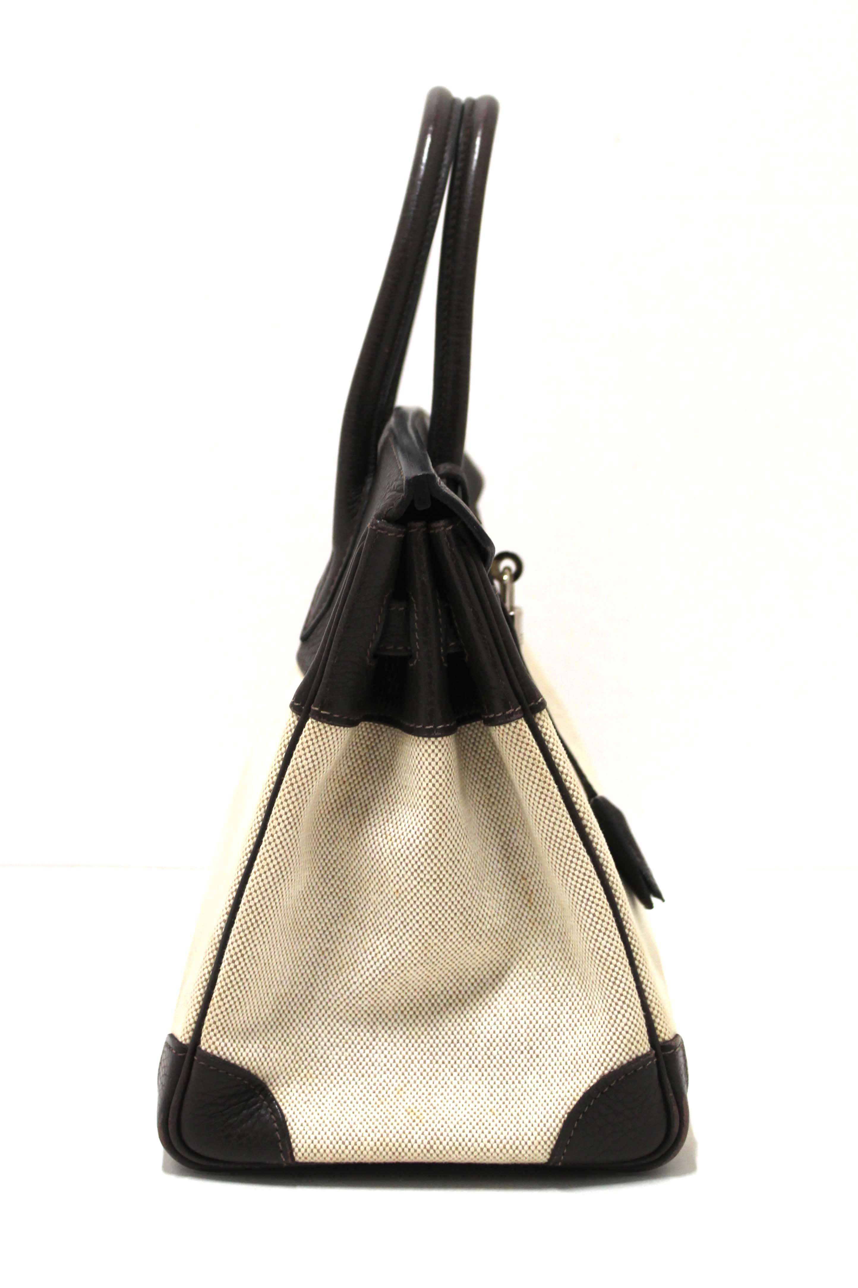 Authentic Hermes Brown Togo Leather and Toile Canvas Birkin 30 Bag