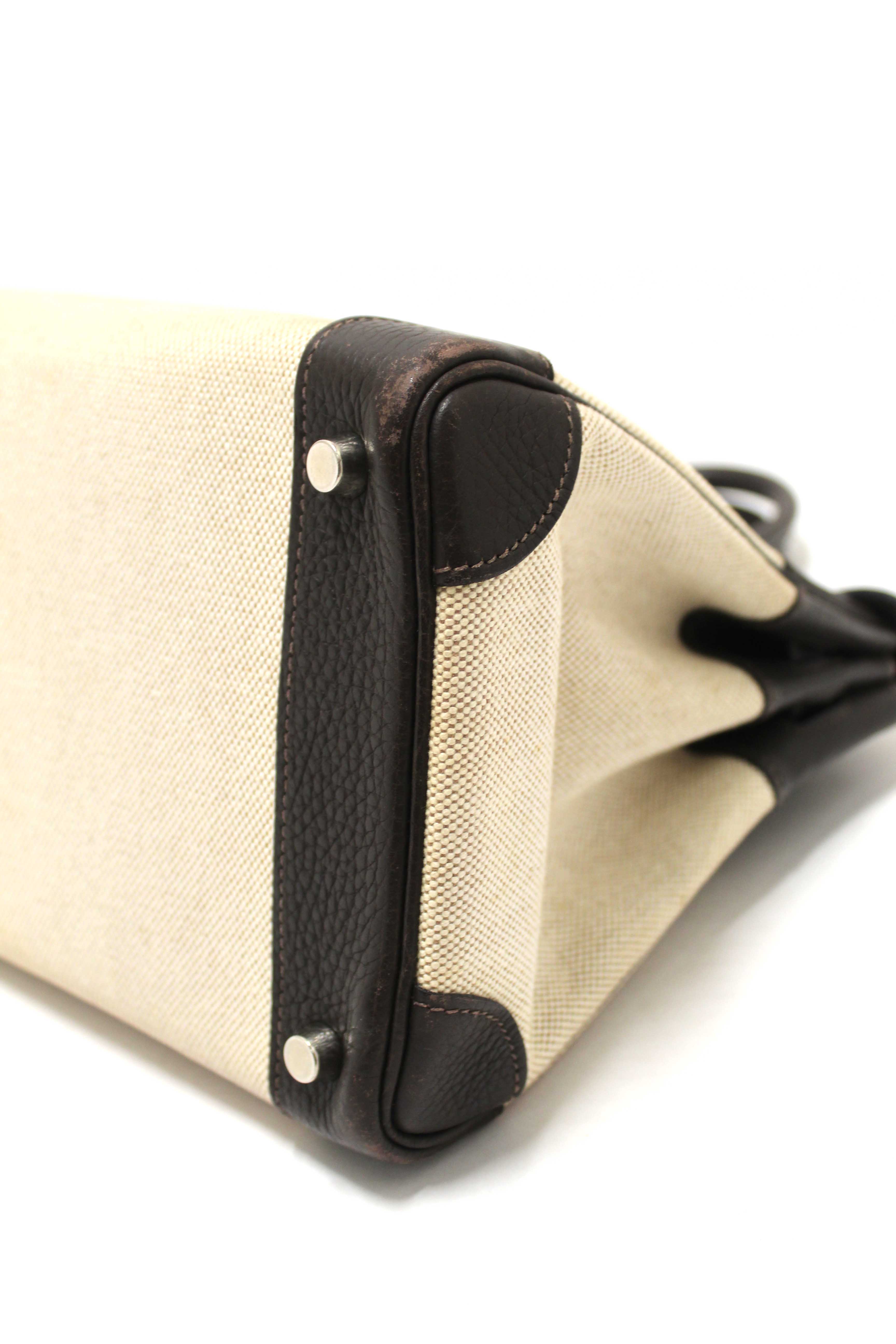 Authentic Hermes Brown Togo Leather and Toile Canvas Birkin 30 Bag