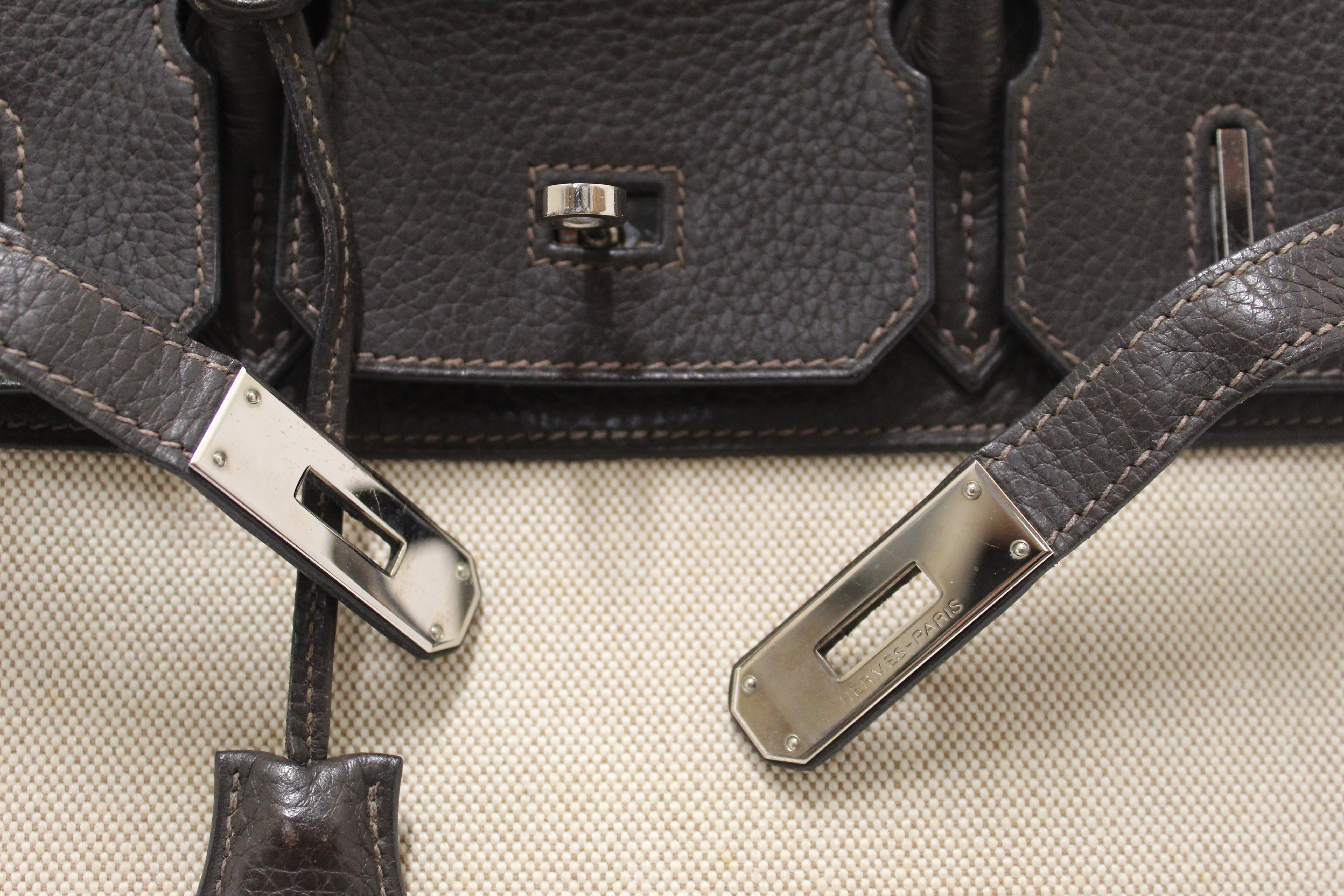 Authentic Hermes Brown Togo Leather and Toile Canvas Birkin 30 Bag