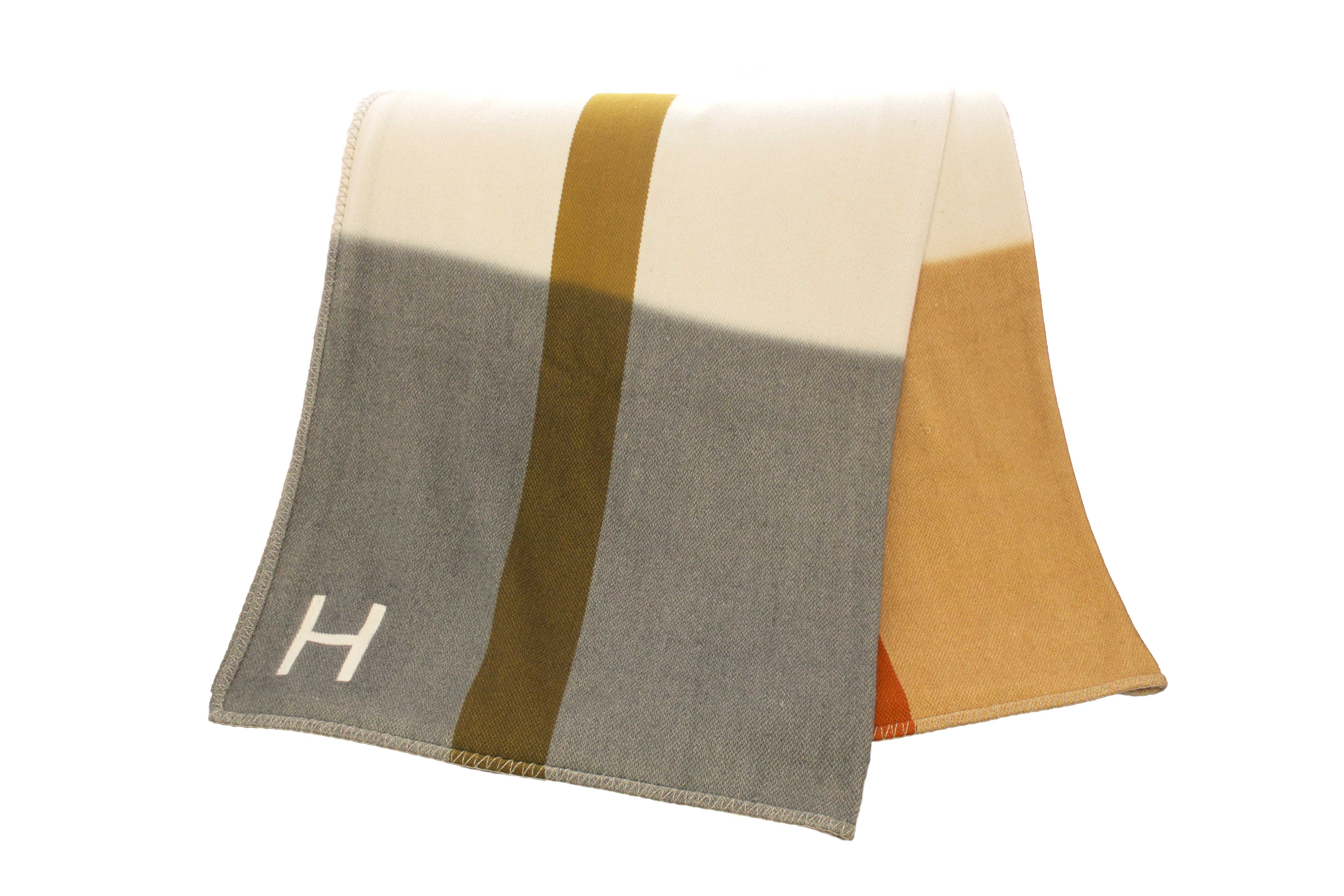 Authentic Hermes Orange/Brown/Beige/Grey Paille H Dye Cashmere Blanket