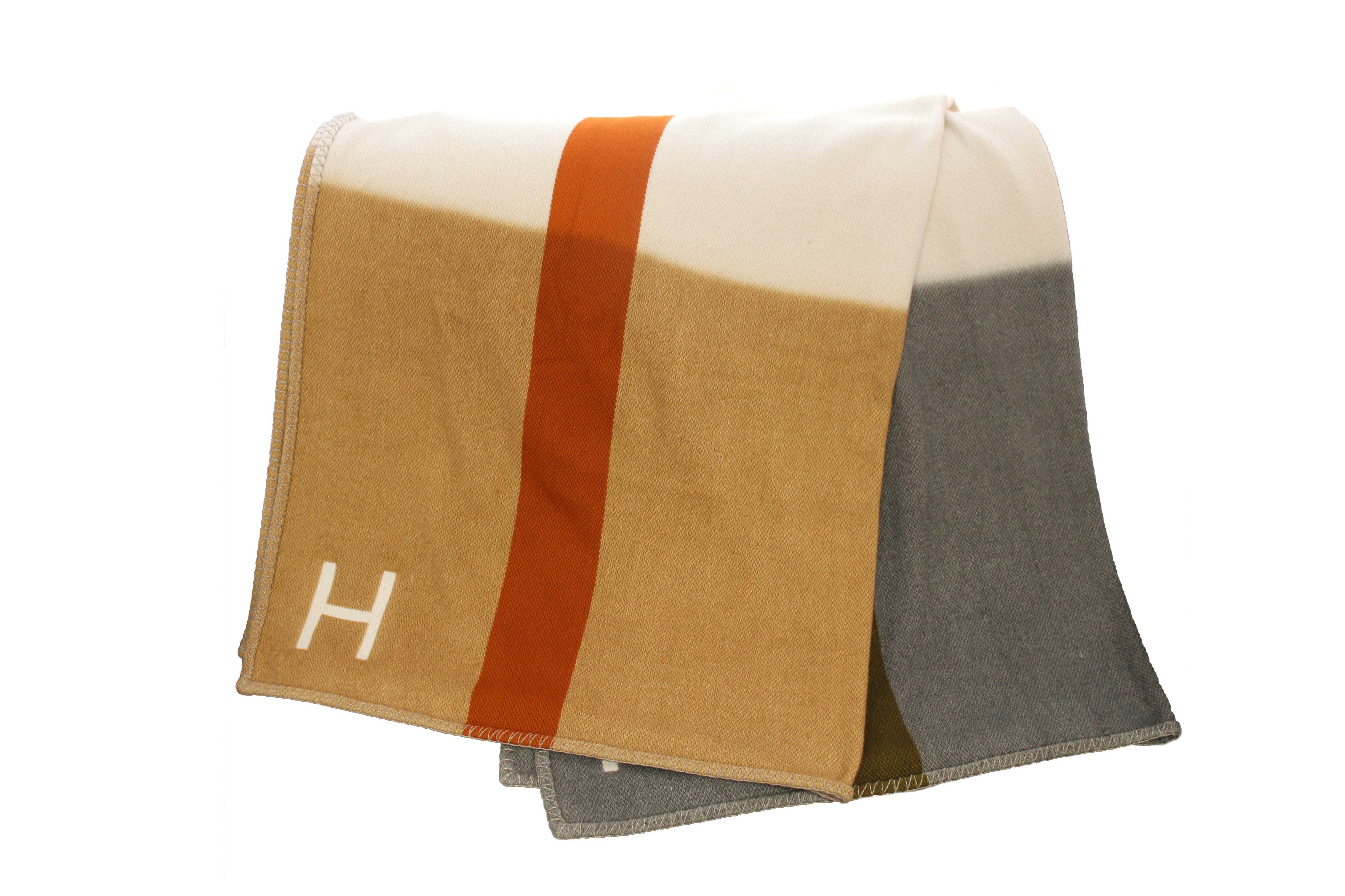 Authentic Hermes Orange/Brown/Beige/Grey Paille H Dye Cashmere Blanket