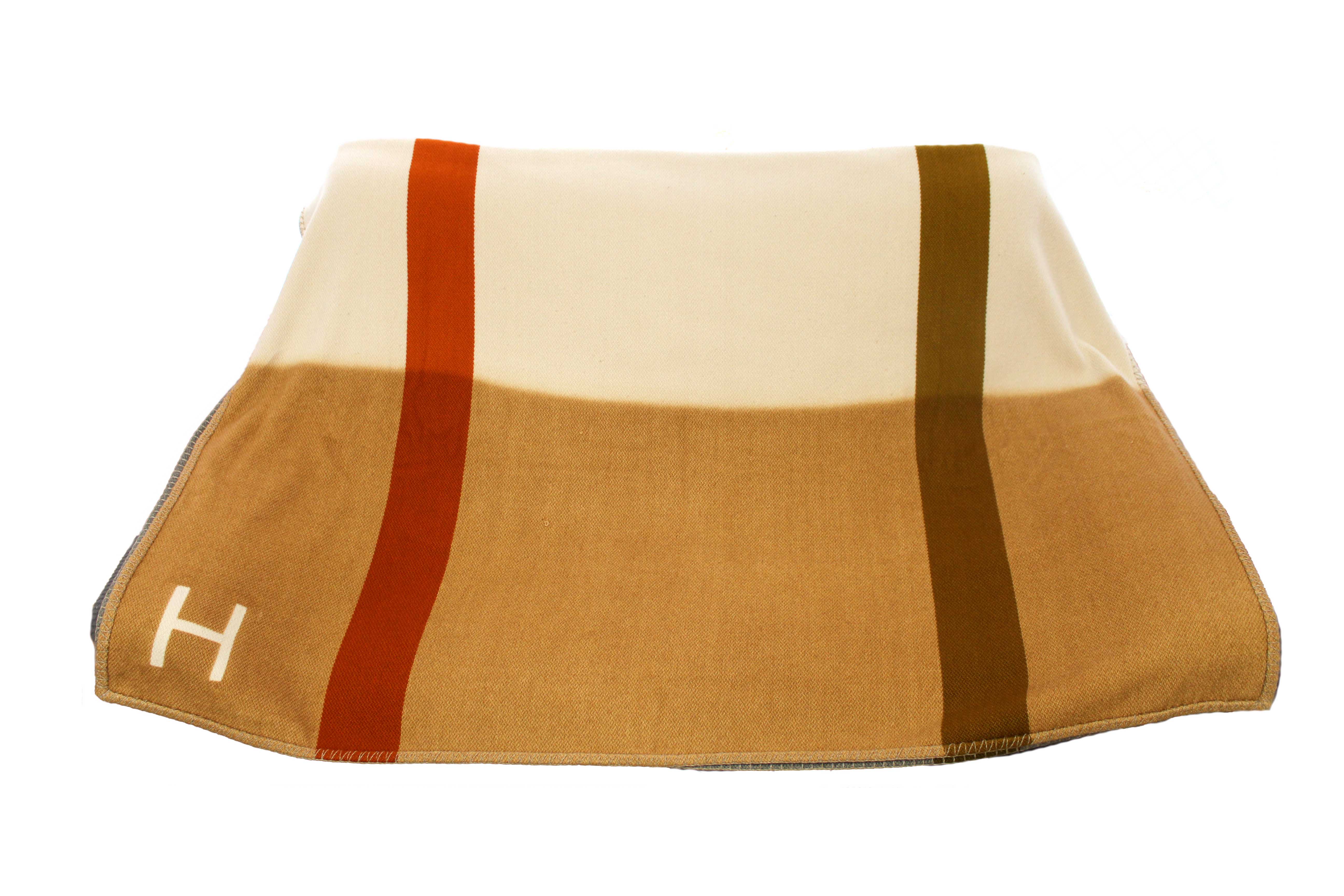 Authentic Hermes Orange/Brown/Beige/Grey Paille H Dye Cashmere Blanket