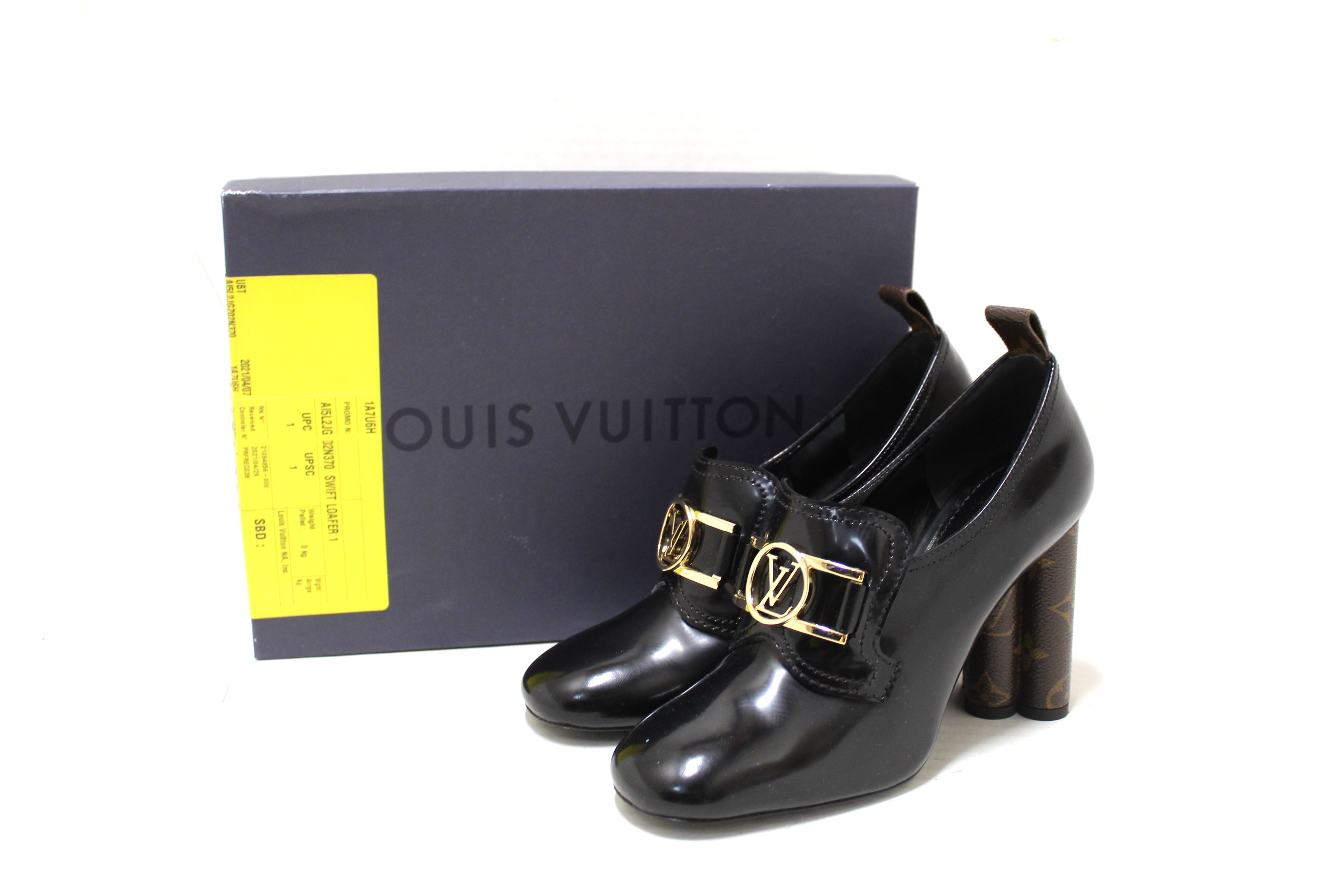 Authentic Louis Vuitton Black Swift Loafer Monogram Flower Block Heel Pumps Shoes 10cm Size37