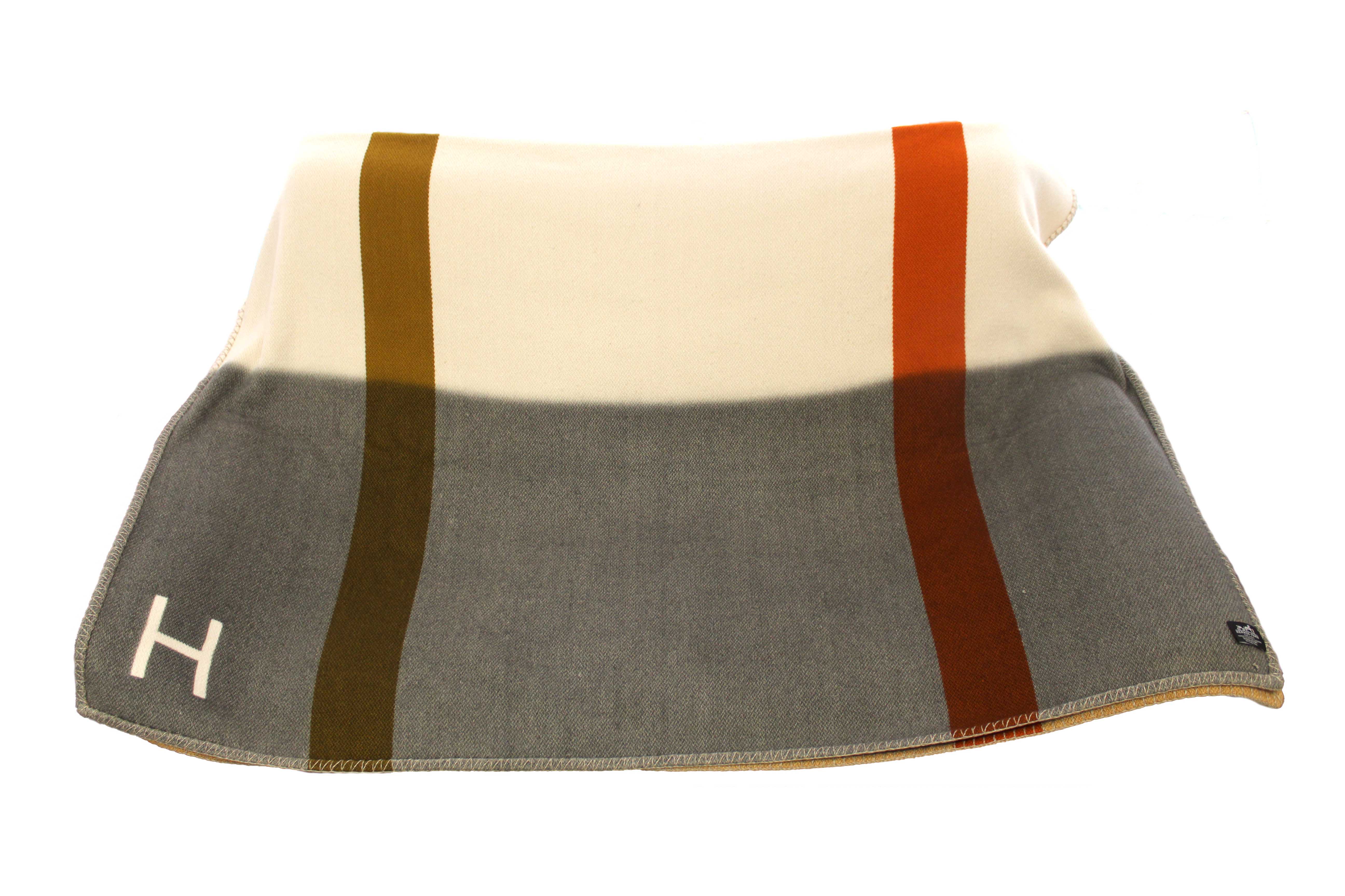 Authentic Hermes Orange/Brown/Beige/Grey Paille H Dye Cashmere Blanket
