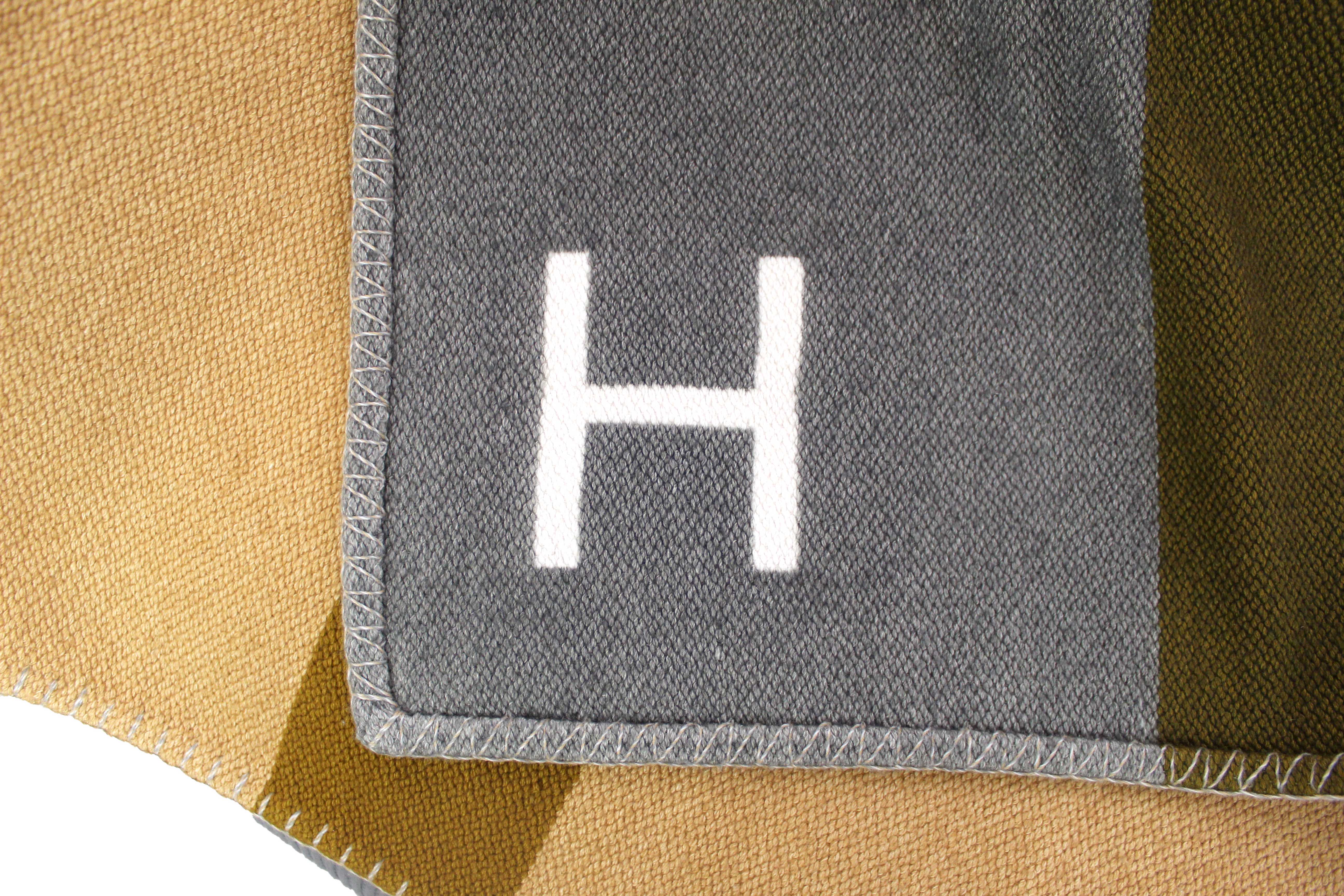 Authentic Hermes Orange/Brown/Beige/Grey Paille H Dye Cashmere Blanket