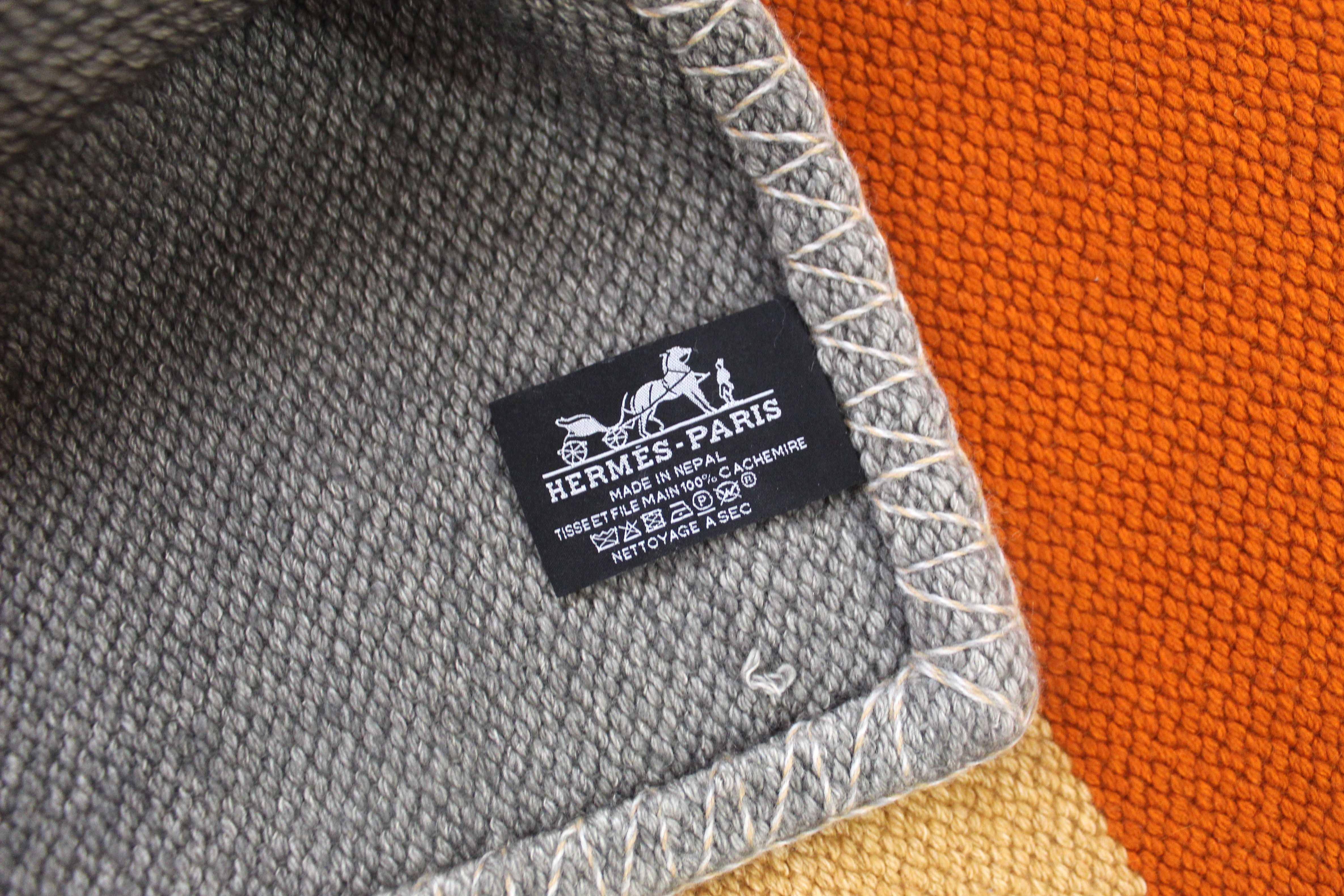 Authentic Hermes Orange/Brown/Beige/Grey Paille H Dye Cashmere Blanket