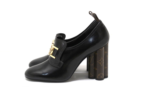 Authentic Louis Vuitton Black Swift Loafer Monogram Flower Block Heel Pumps Shoes 10cm Size37