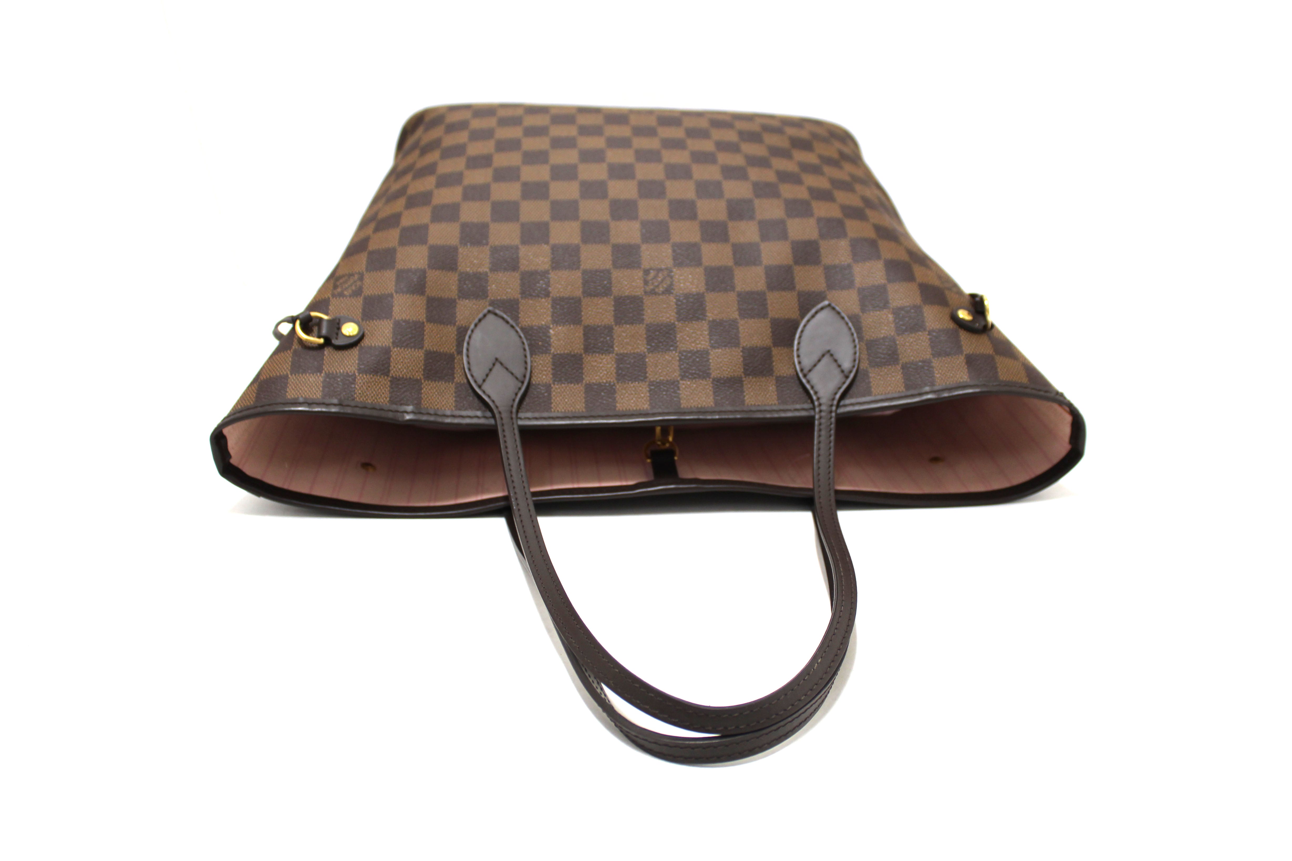 Authentic Louis Vuitton Damier Ebene with Rose Pink Neverfull MM Shoulder Bag