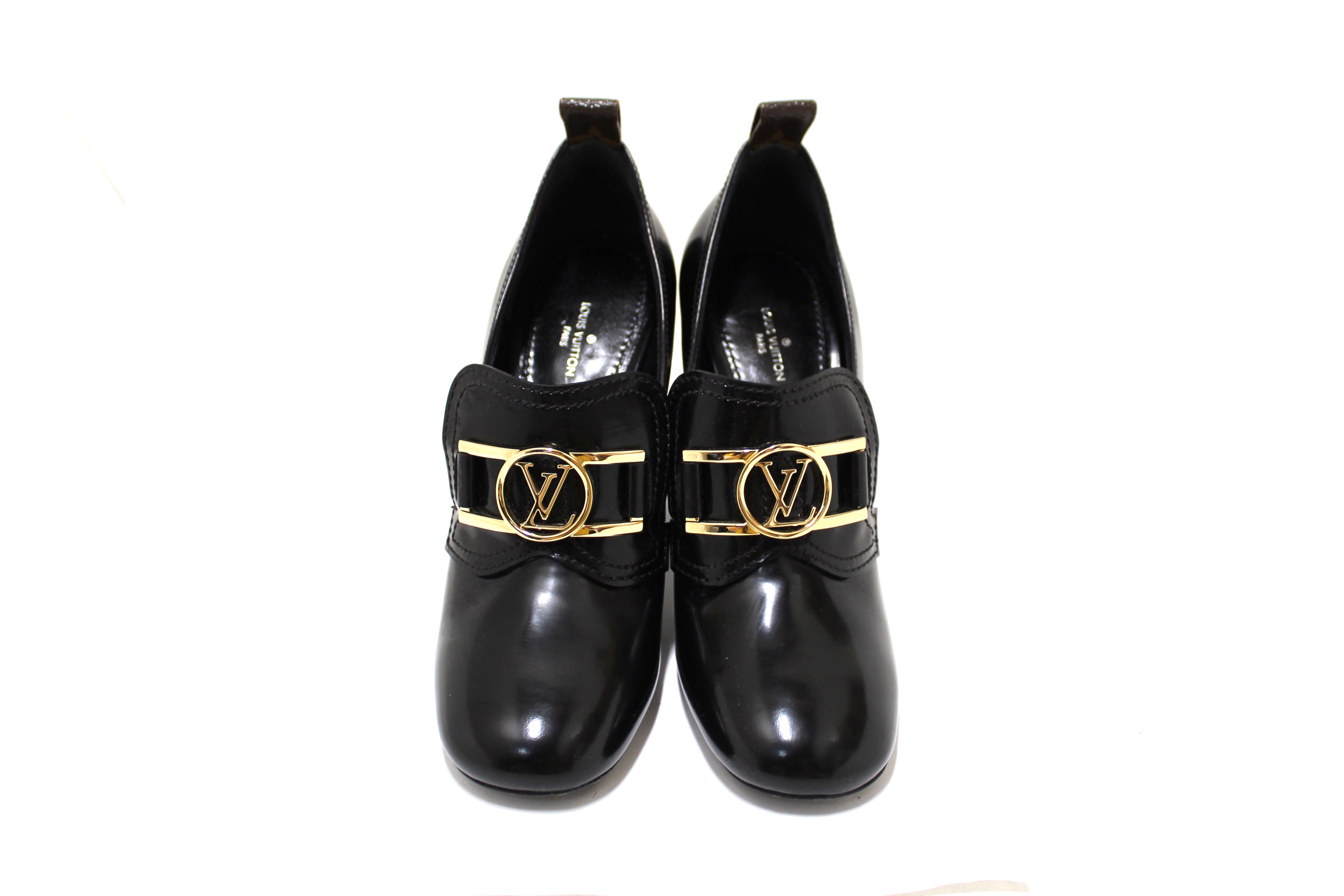 Authentic Louis Vuitton Black Swift Loafer Monogram Flower Block Heel Pumps Shoes 10cm Size37