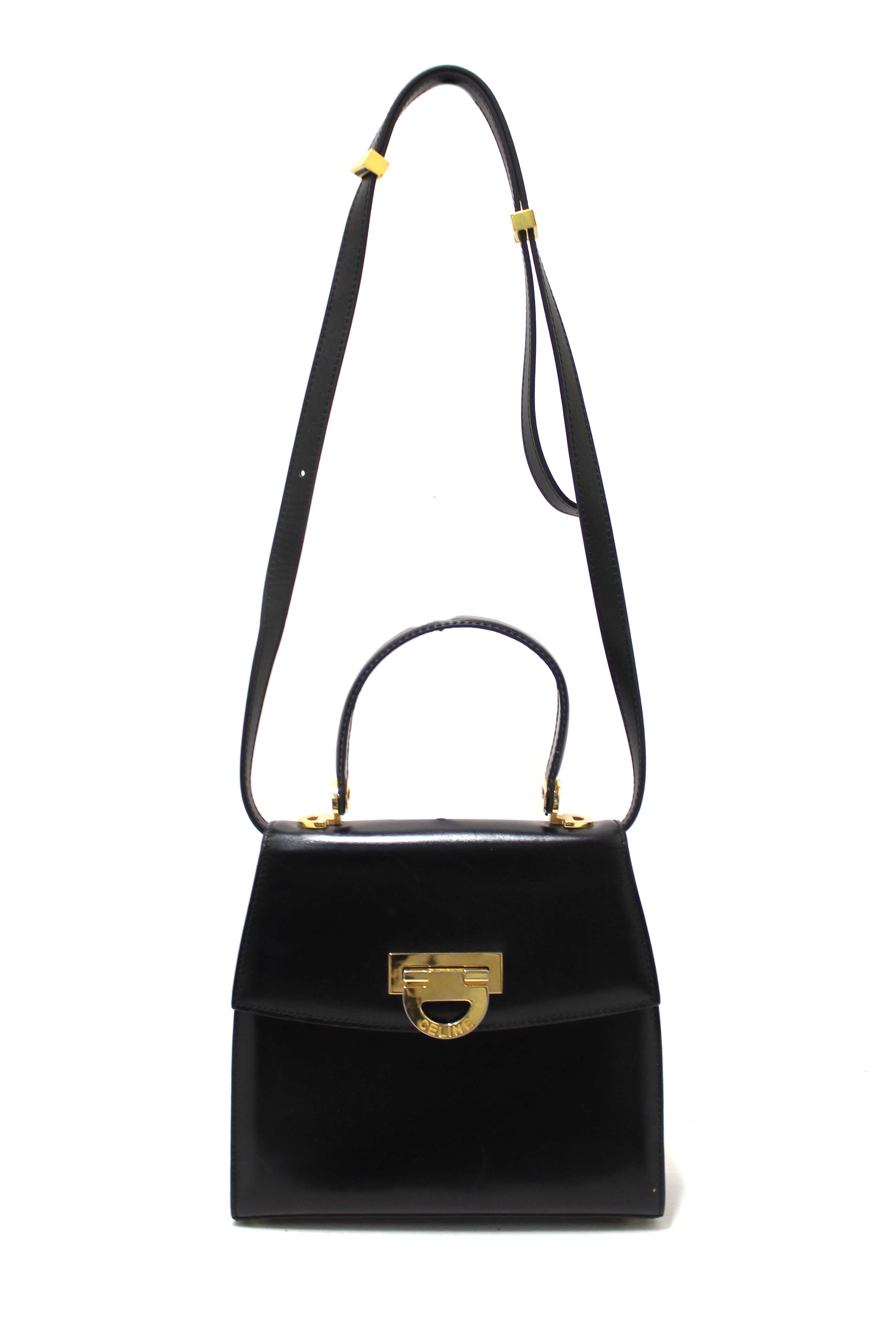 Authentic Celine Vintage Black Leather Top Handle Shoulder Bag