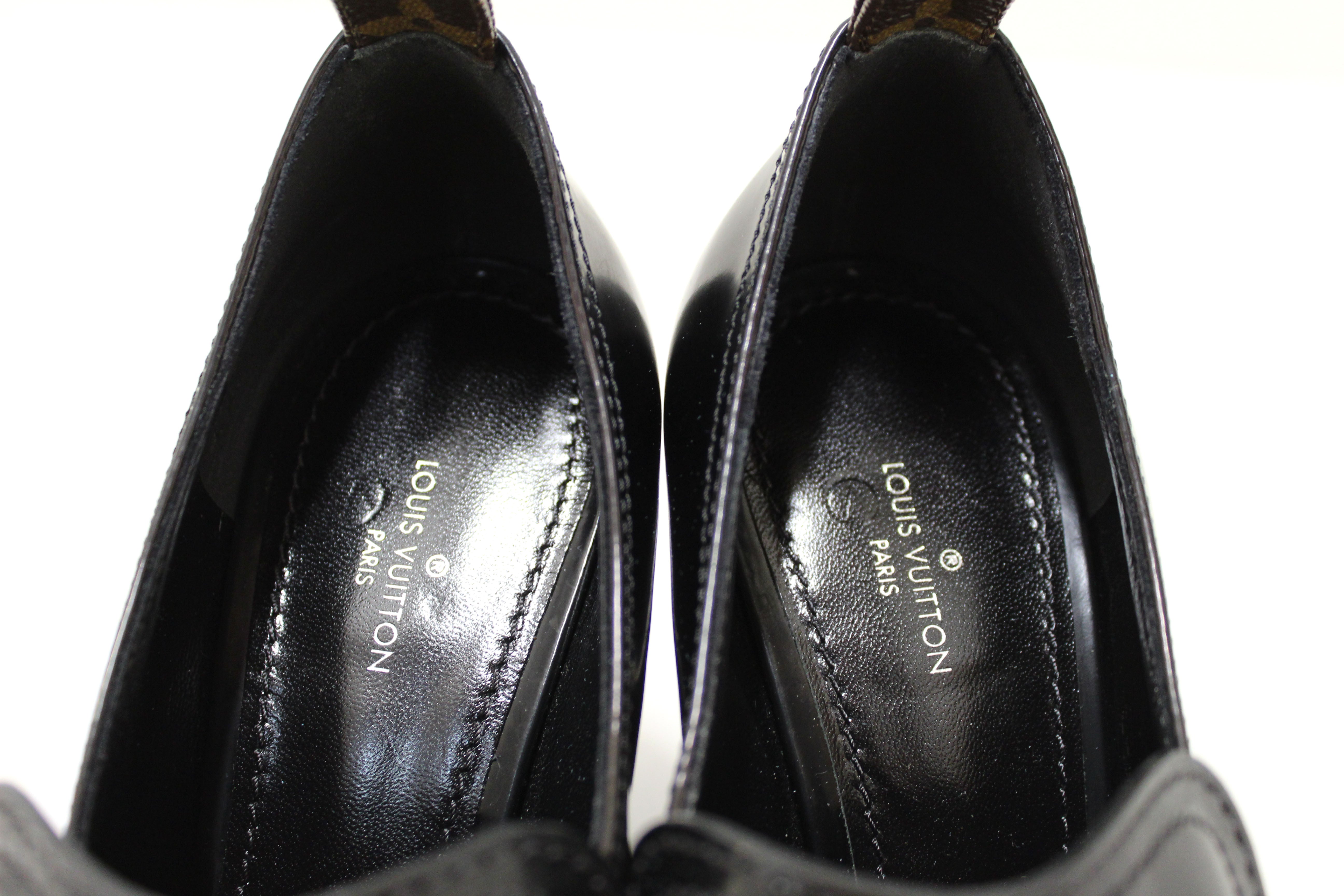 Authentic Louis Vuitton Black Swift Loafer Monogram Flower Block Heel Pumps Shoes 10cm Size37