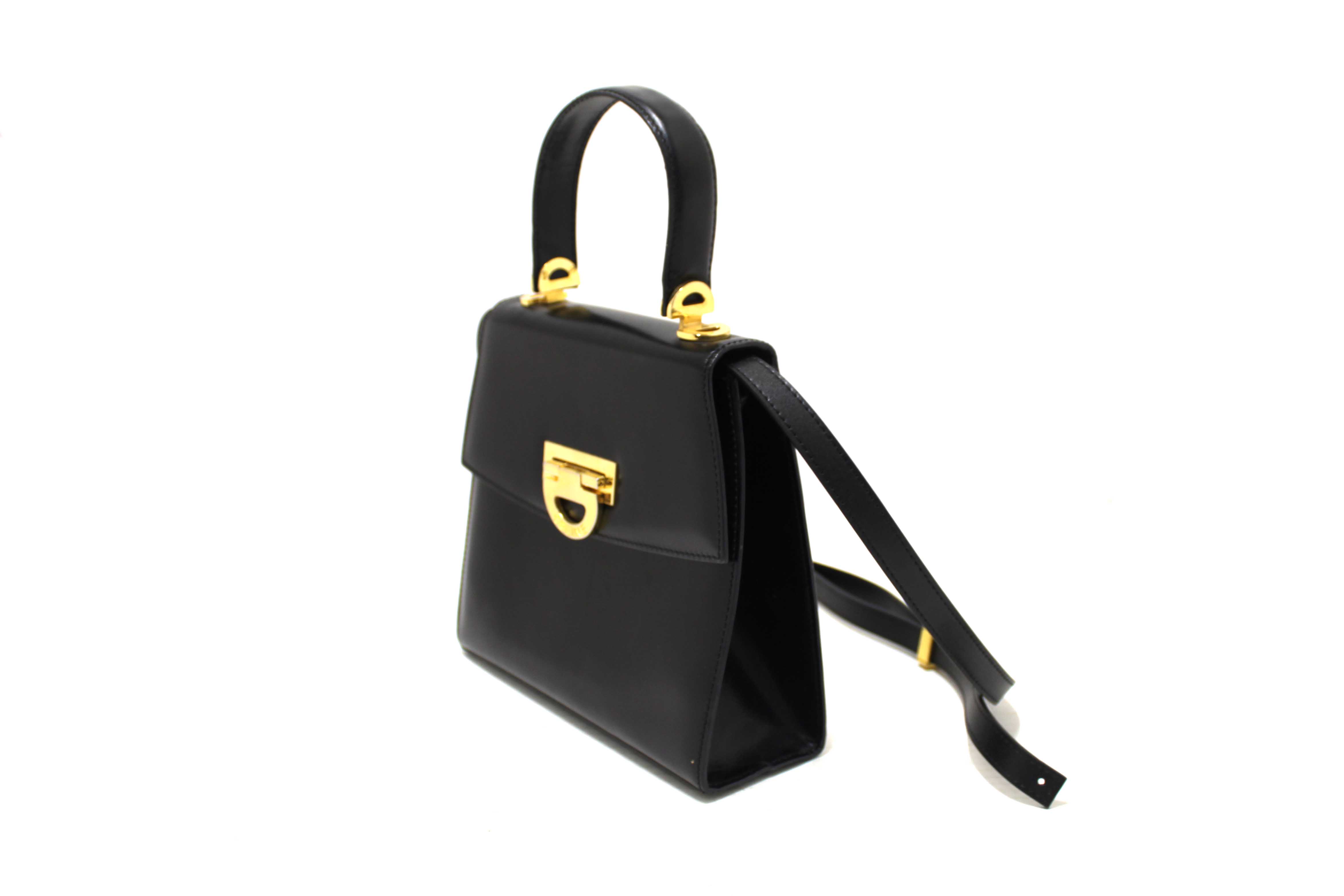 Authentic Celine Vintage Black Leather Top Handle Shoulder Bag