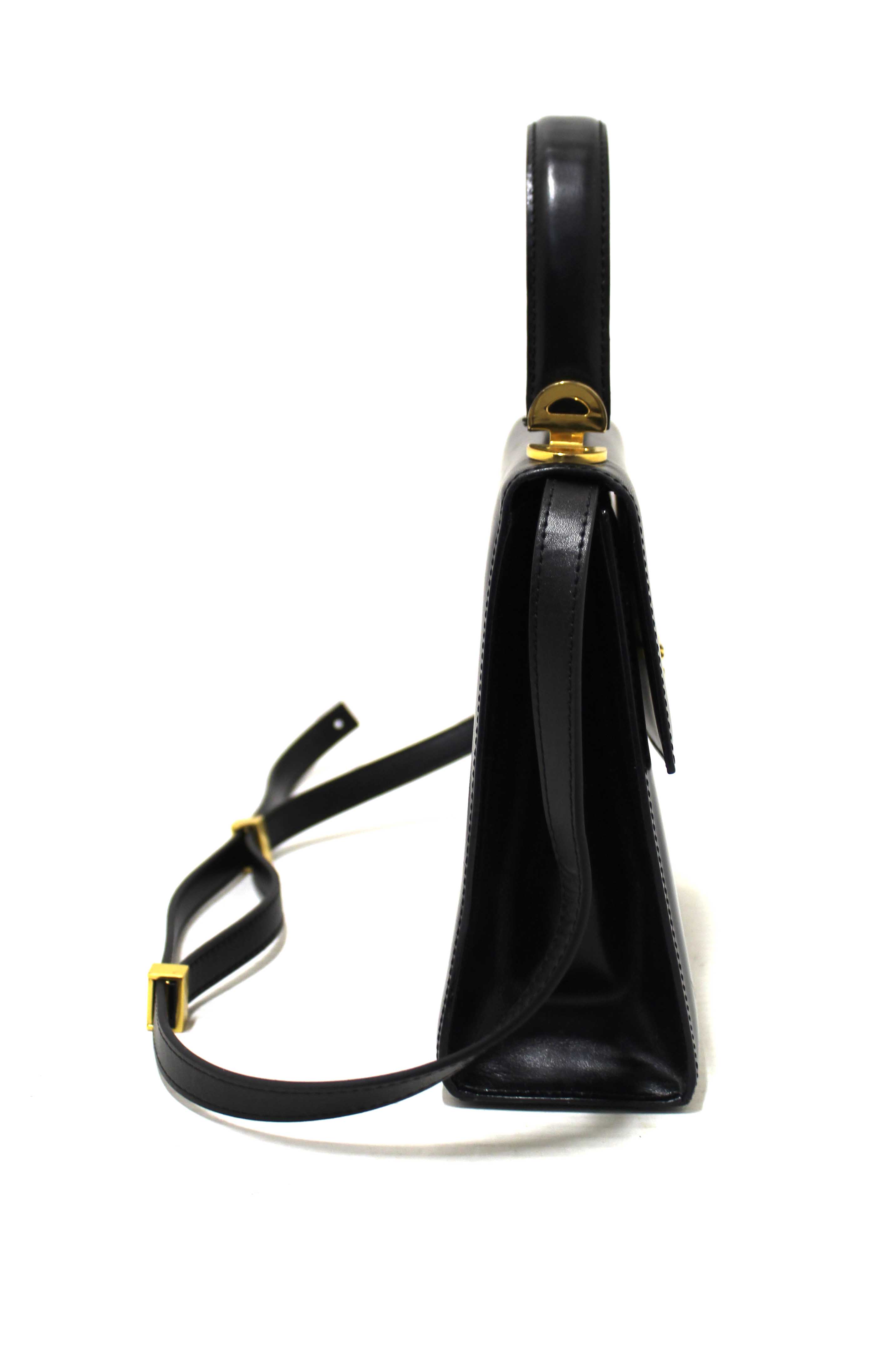 Authentic Celine Vintage Black Leather Top Handle Shoulder Bag