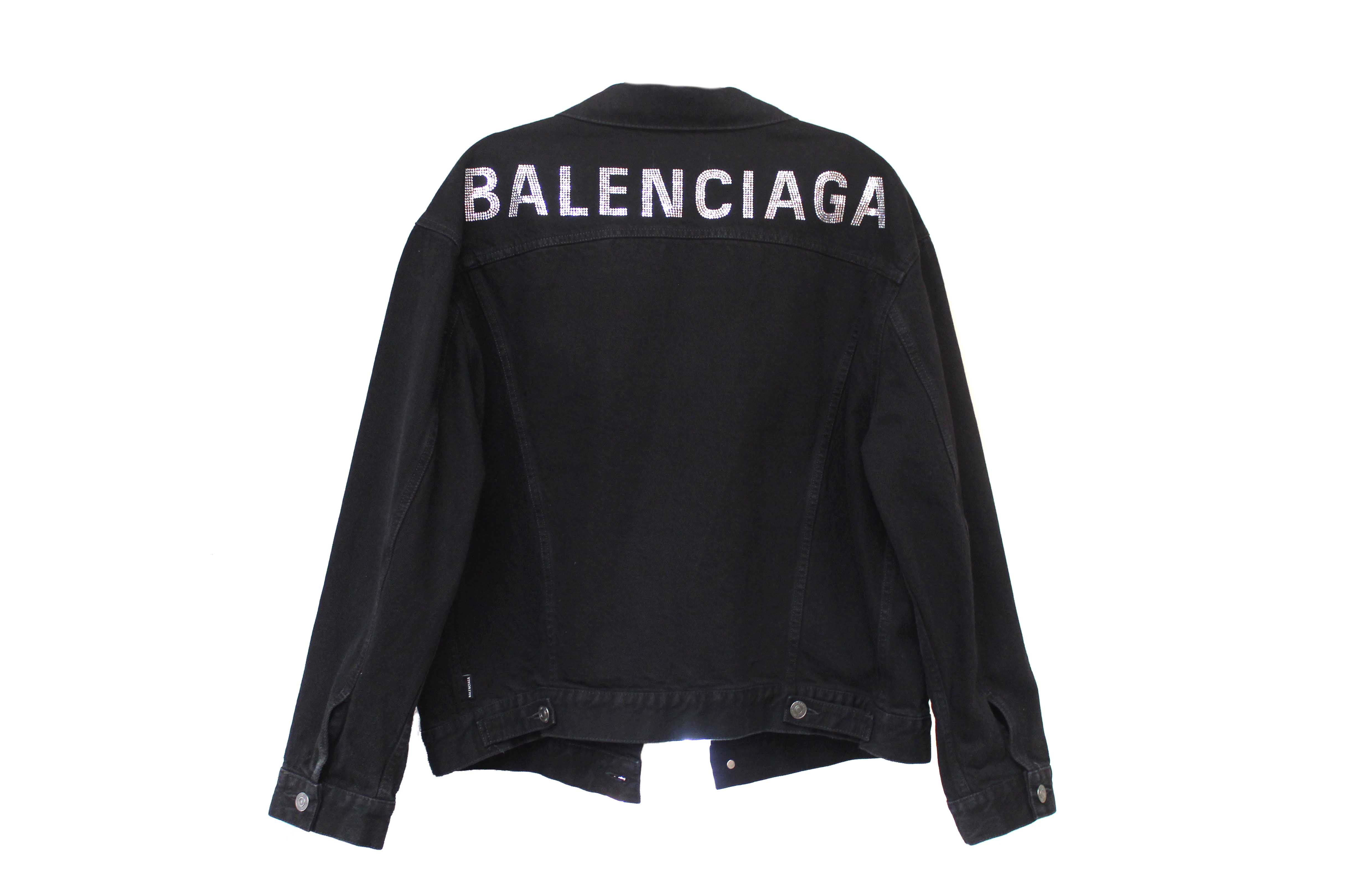 Authentic Balenciaga Black Rhinestone Logo Denim Jacket size 34