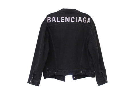 Authentic Balenciaga Black Rhinestone Logo Denim Jacket size 34