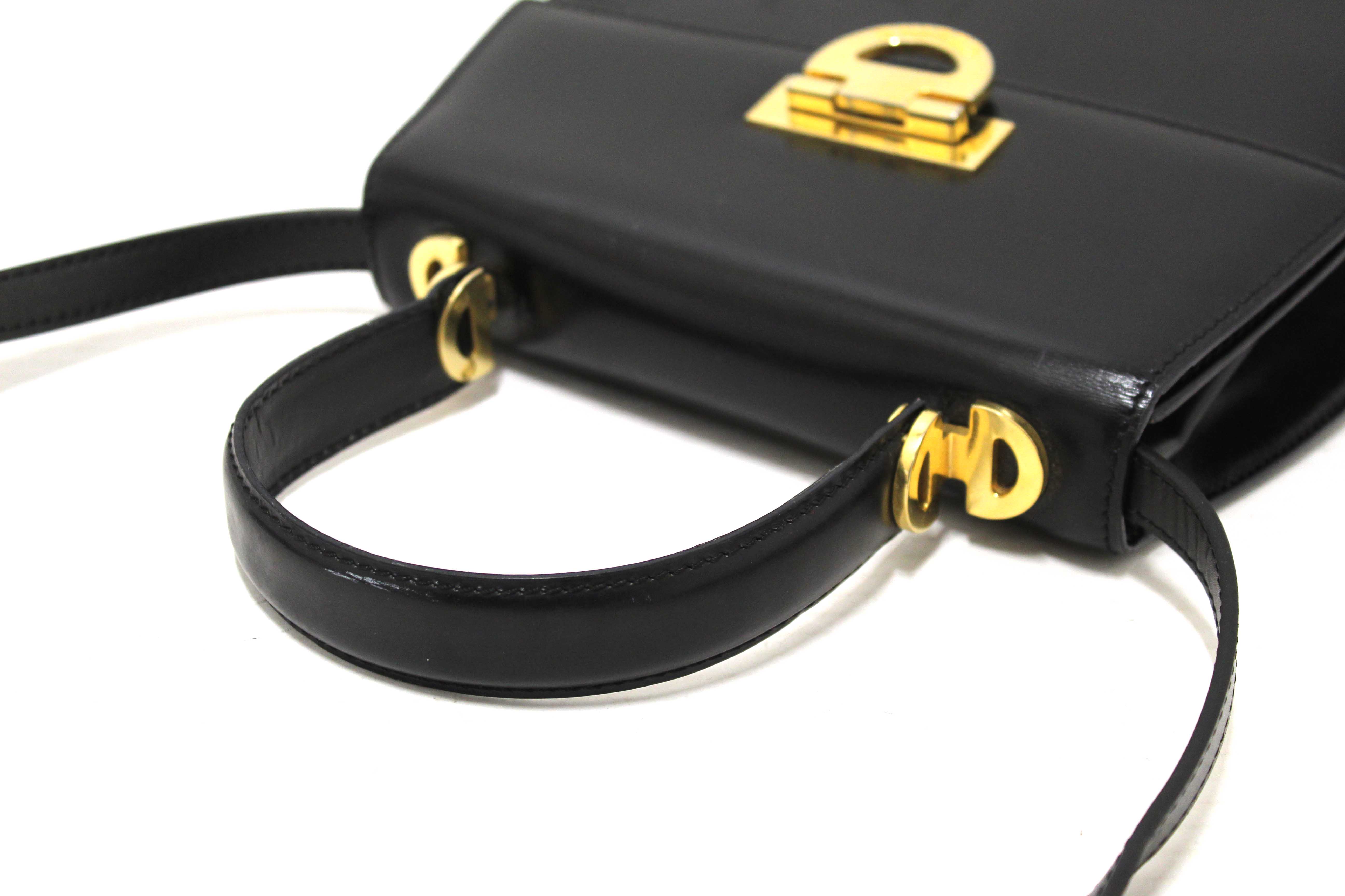 Authentic Celine Vintage Black Leather Top Handle Shoulder Bag