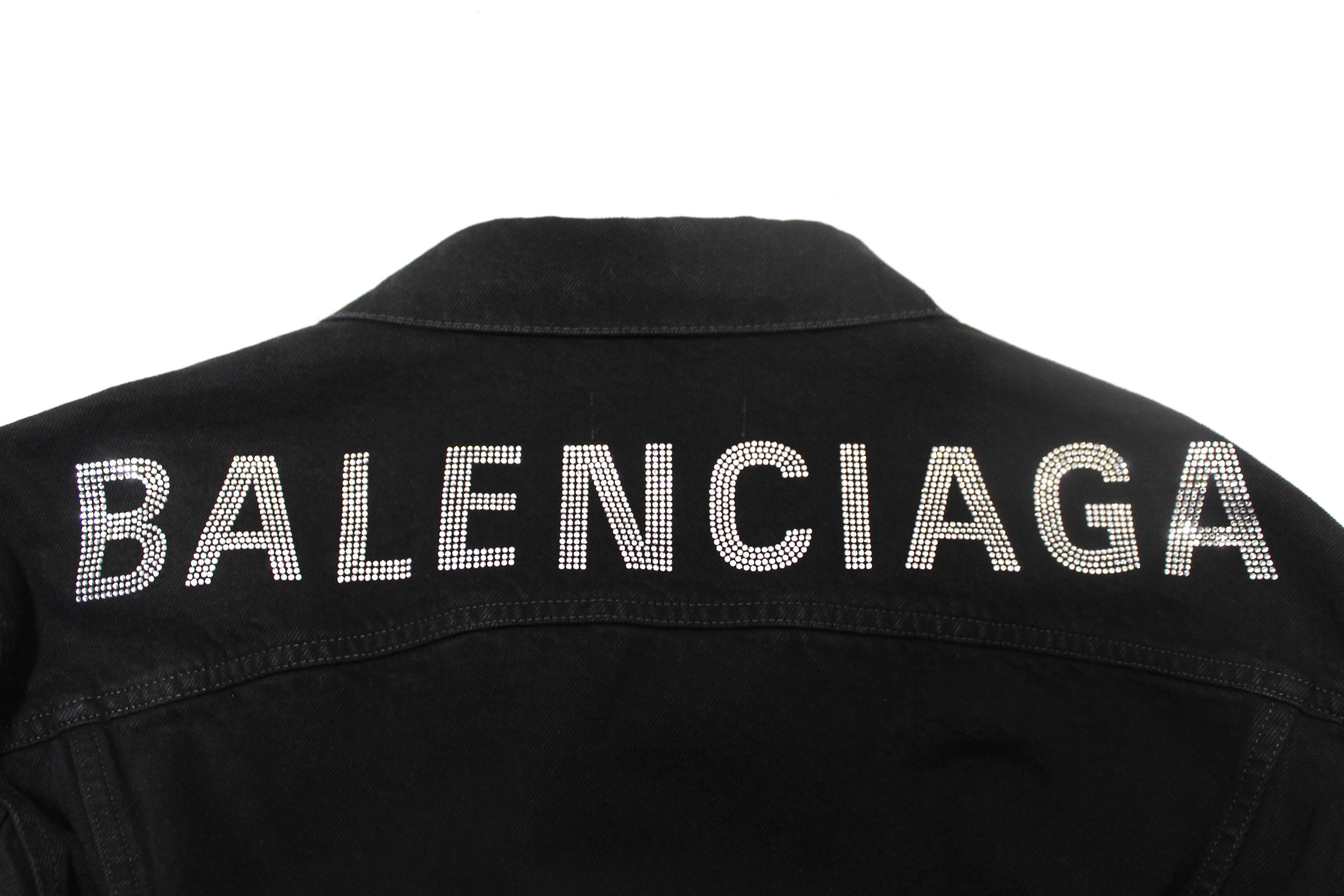 Authentic Balenciaga Black Rhinestone Logo Denim Jacket size 34