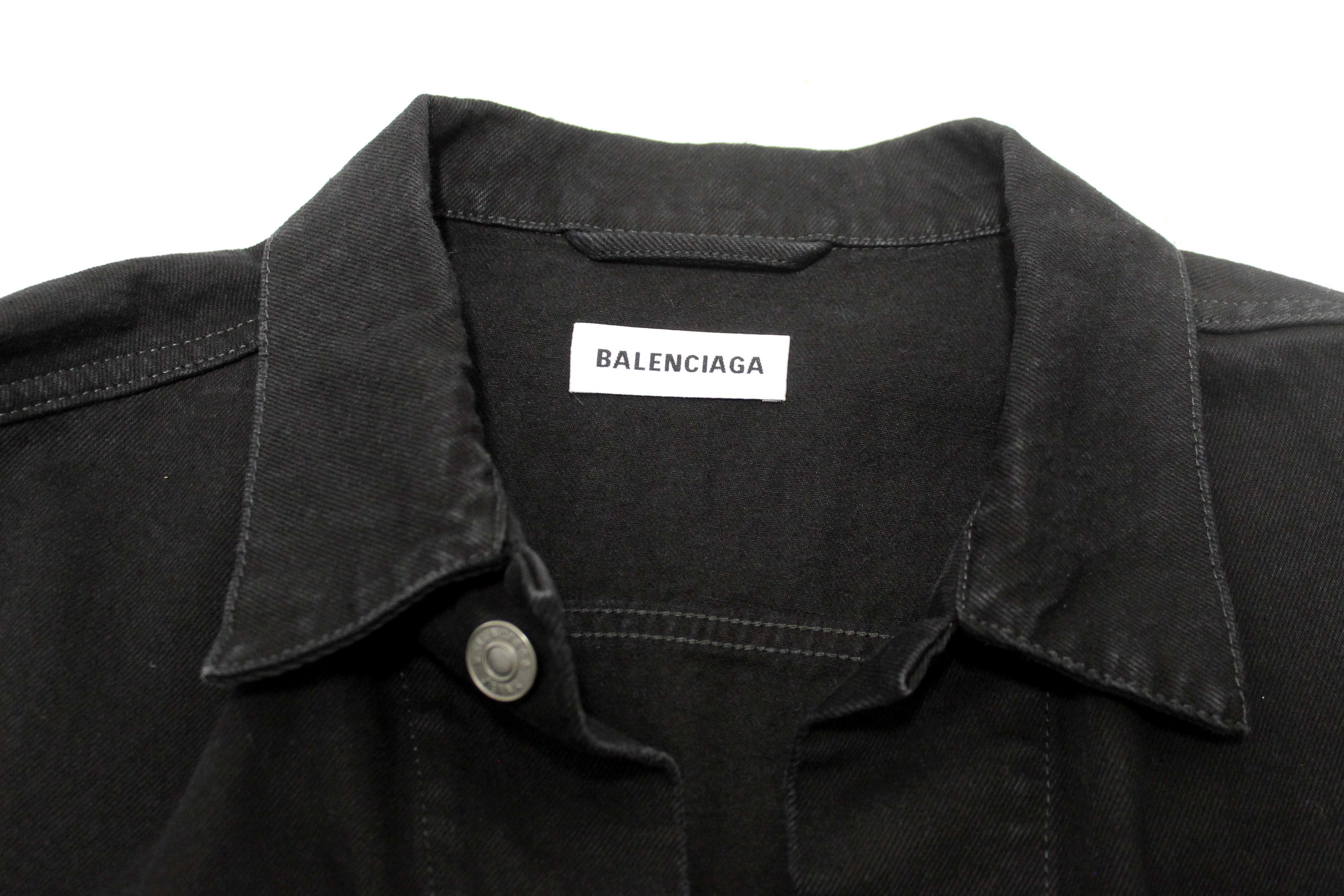 Authentic Balenciaga Black Rhinestone Logo Denim Jacket size 34