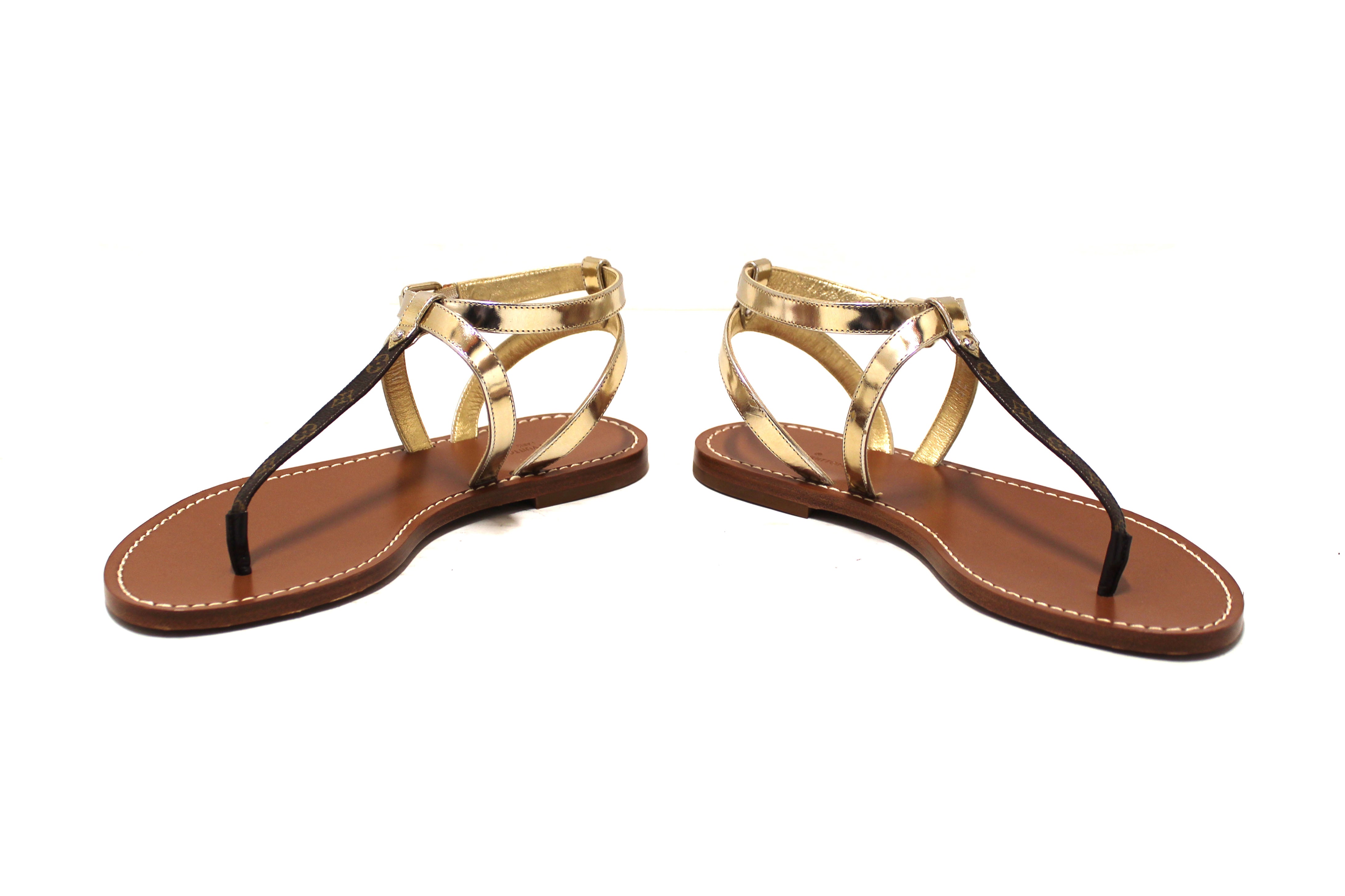 Authentic New Louis Vuitton Monogram Gold Carimbo Flat Sandals Shoes Size 37