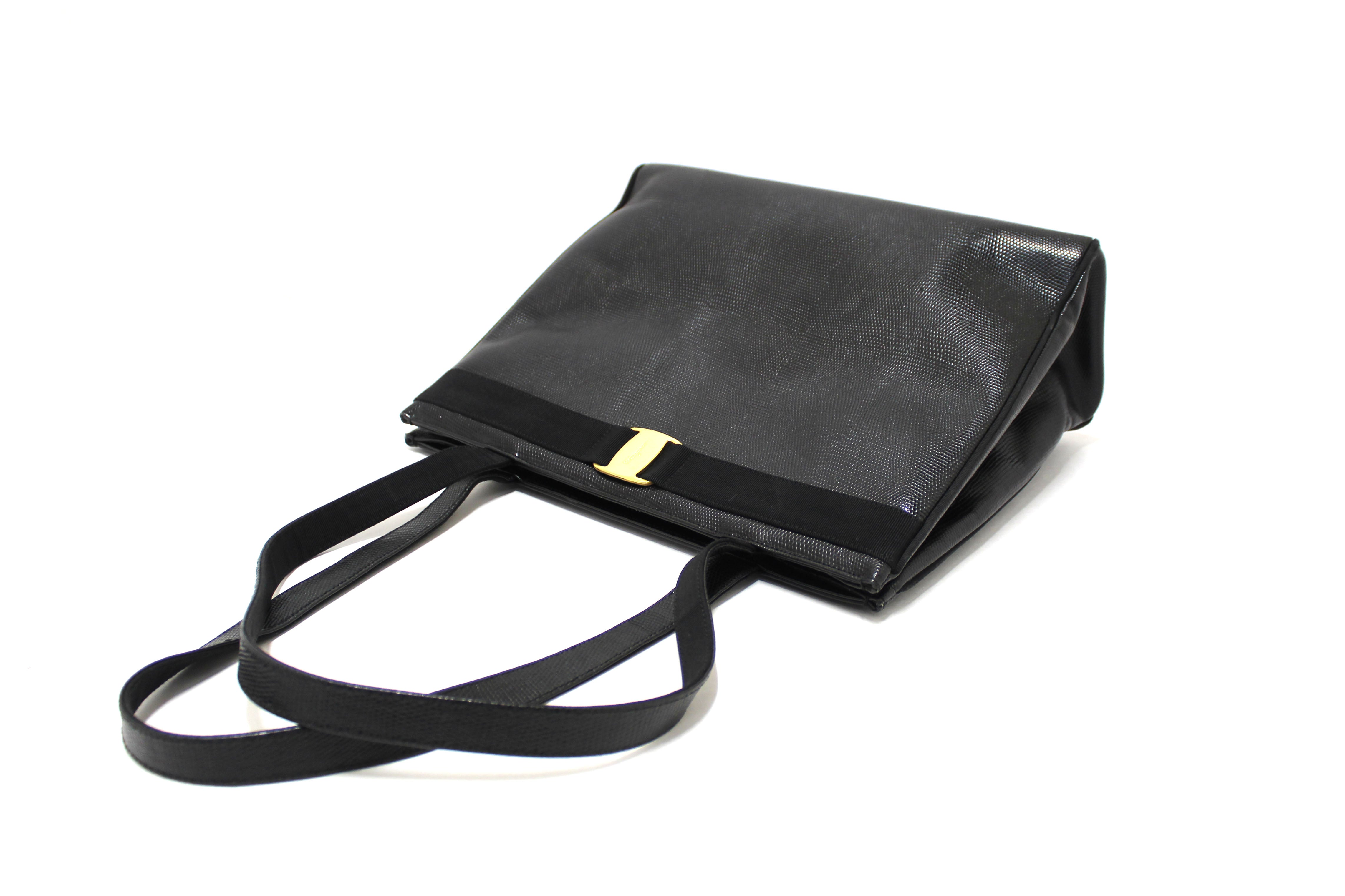 Authentic Salvatore Ferragamo Vintage Black Leather Vala Tote Bag