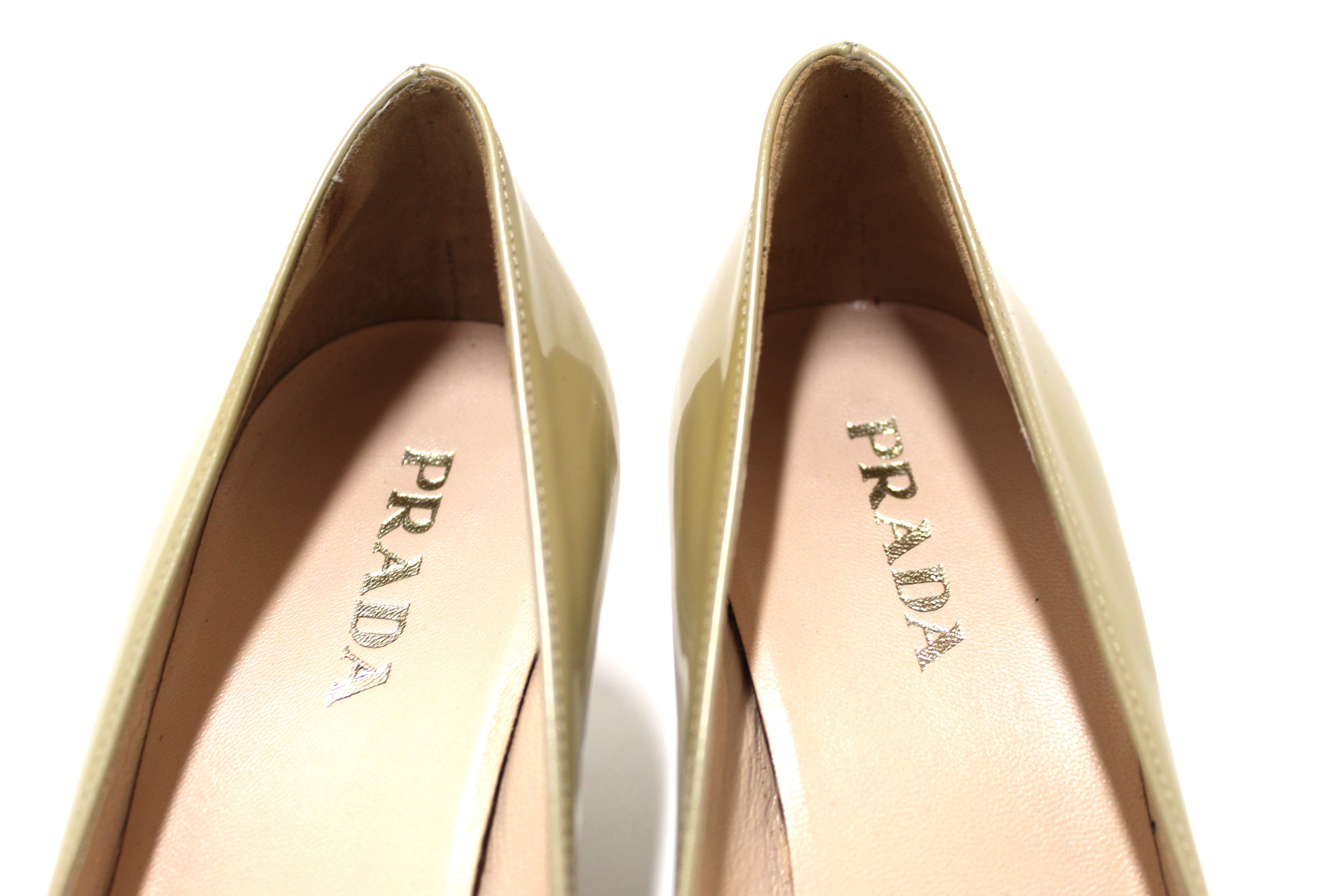 Authentic Prada Calzature Donna Shimmer Beige Bow Patent Leather Kitten Heel Shoes Size 37