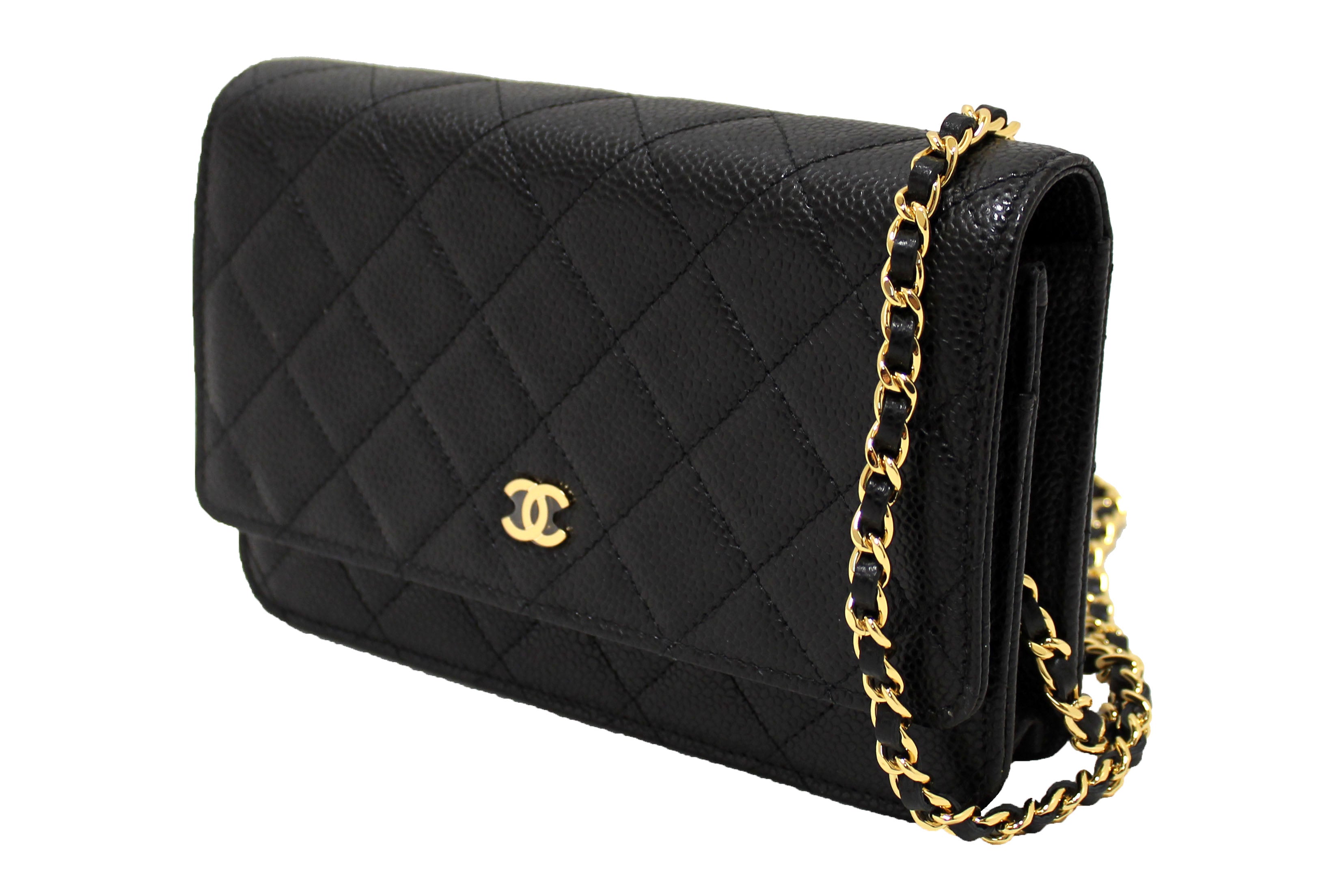 Authentic NEW Chanel Black Quilted Caviar Leather Wallet On Chain WOC Messenger Bag