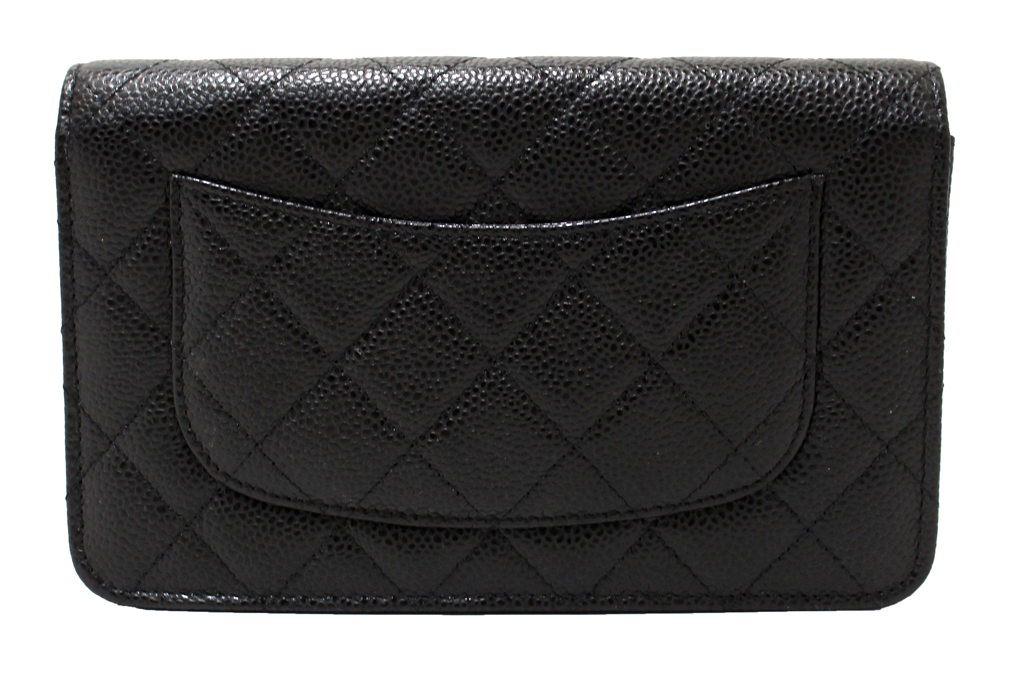 Authentic NEW Chanel Black Quilted Caviar Leather Wallet On Chain WOC Messenger Bag