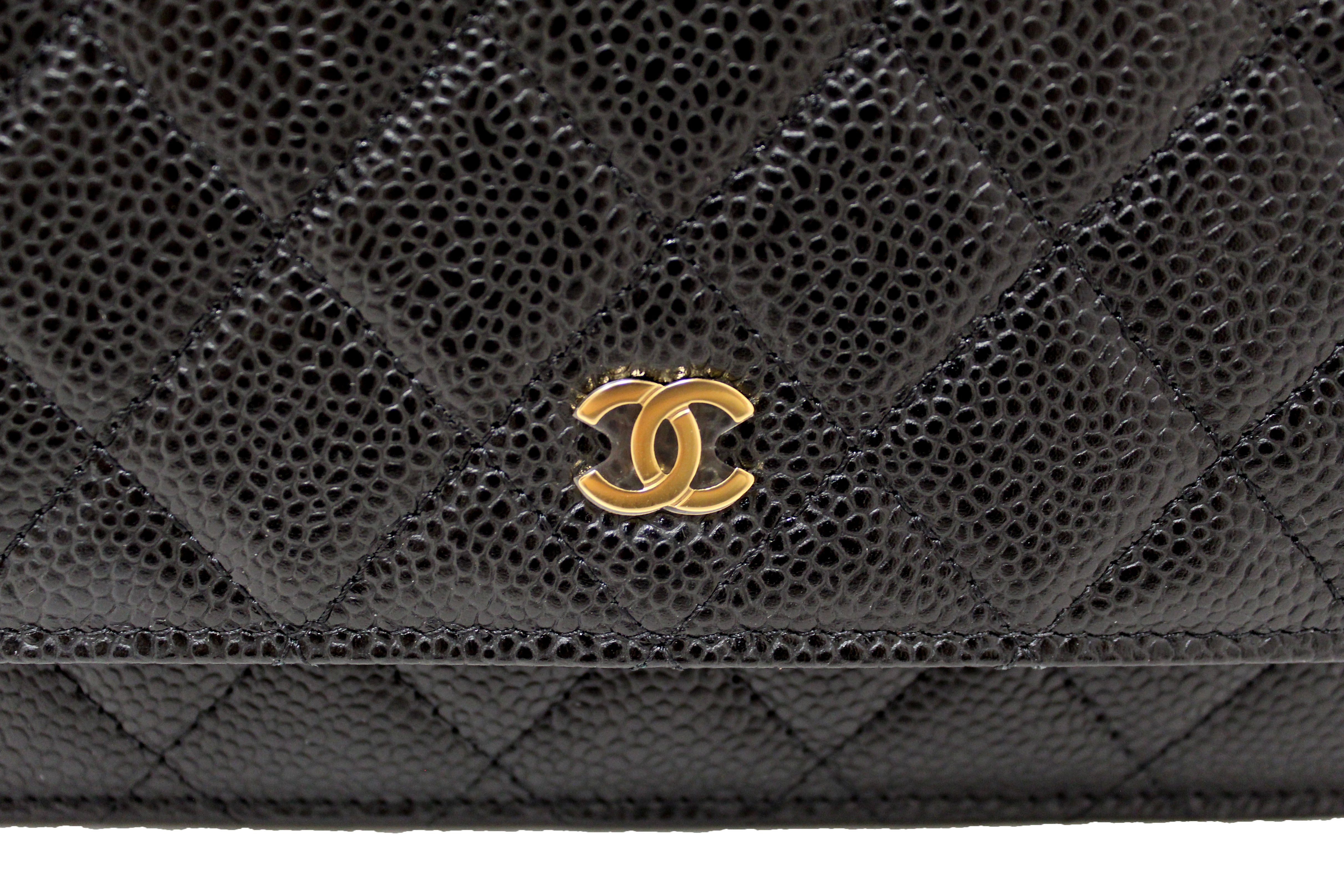 Authentic NEW Chanel Black Quilted Caviar Leather Wallet On Chain WOC Messenger Bag