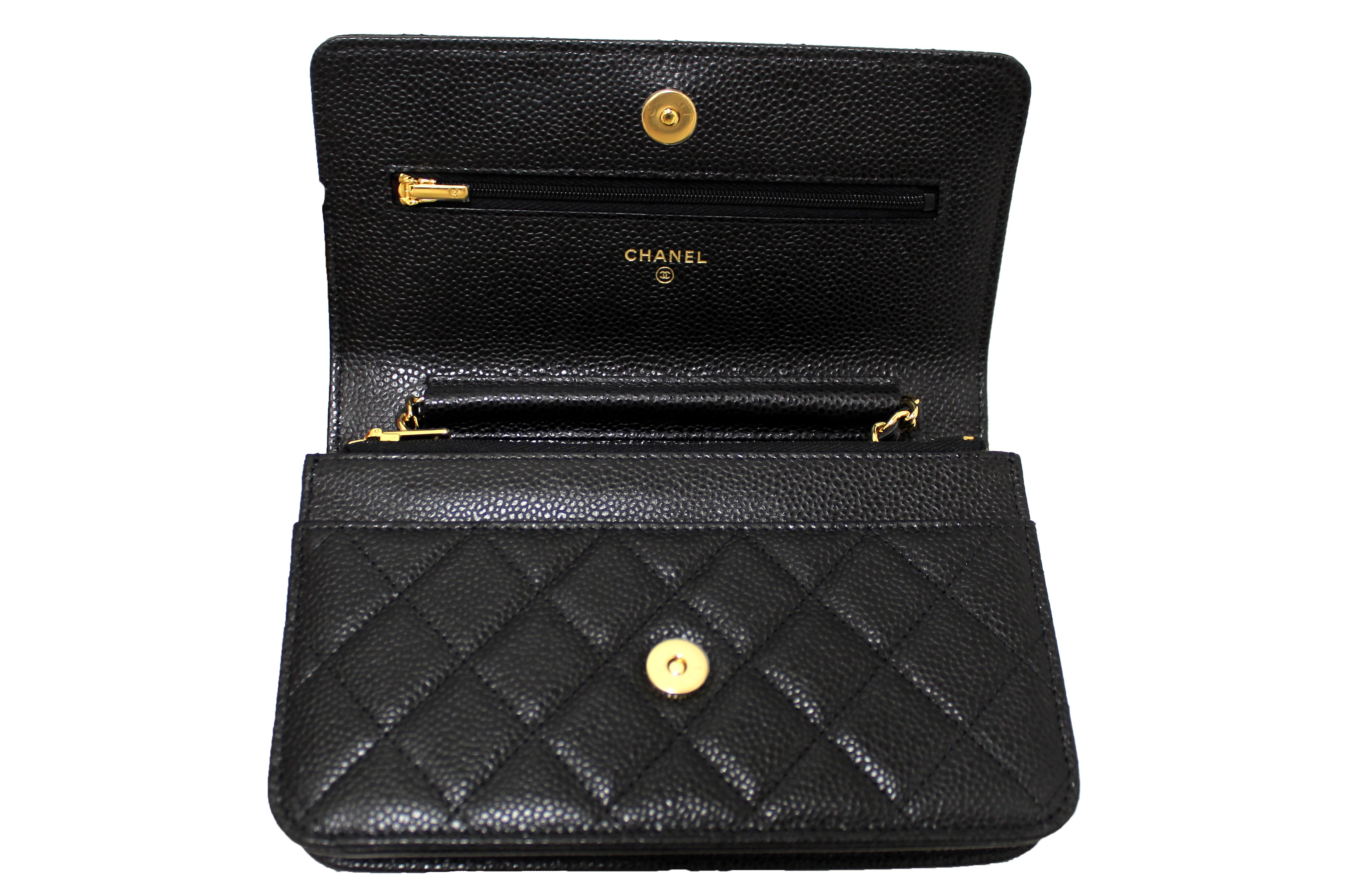 Authentic NEW Chanel Black Quilted Caviar Leather Wallet On Chain WOC Messenger Bag